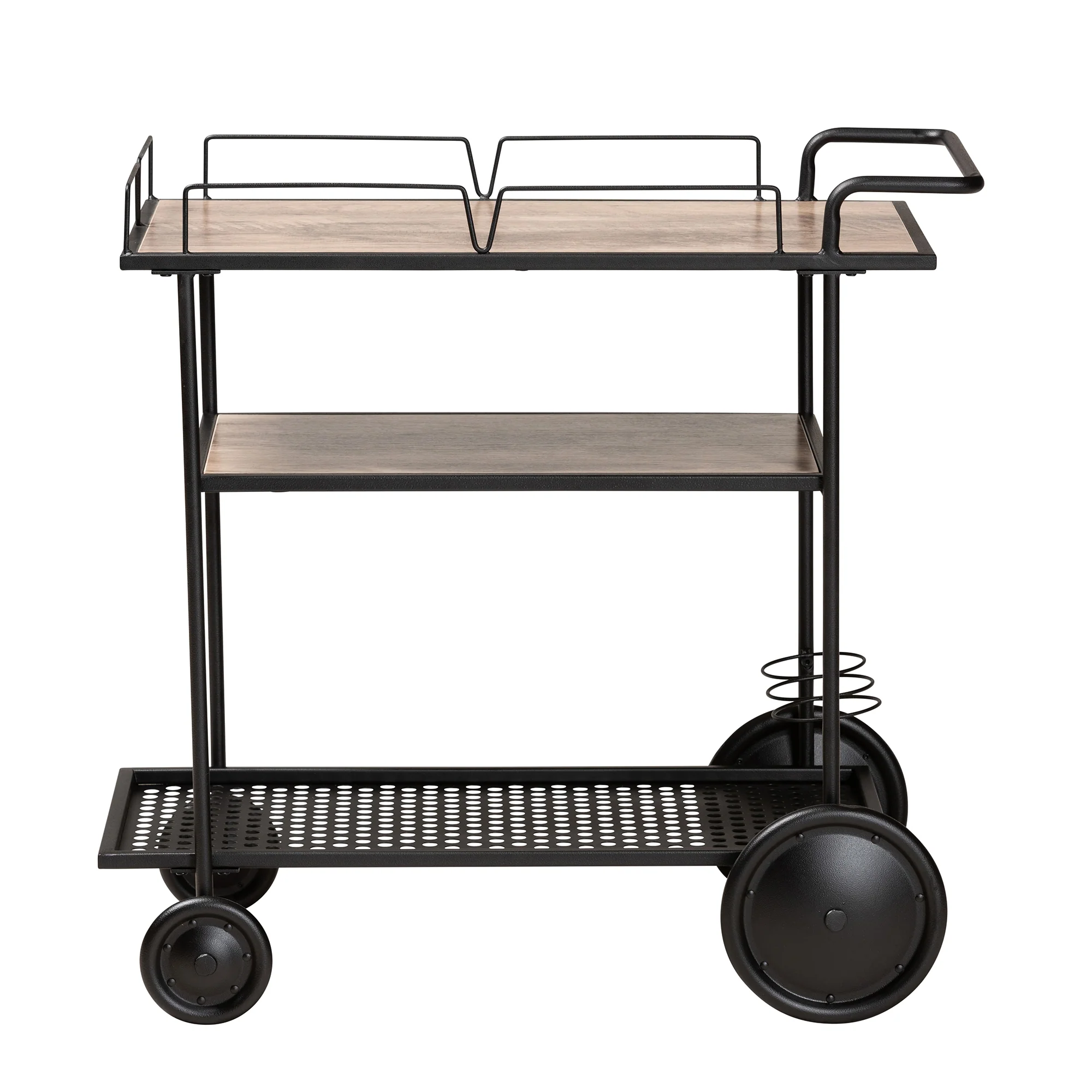 Baxton Studio Huntley Modern Industrial Walnut Brown Finished Wood and Black Metal Mobile Wine Cart - Image 3