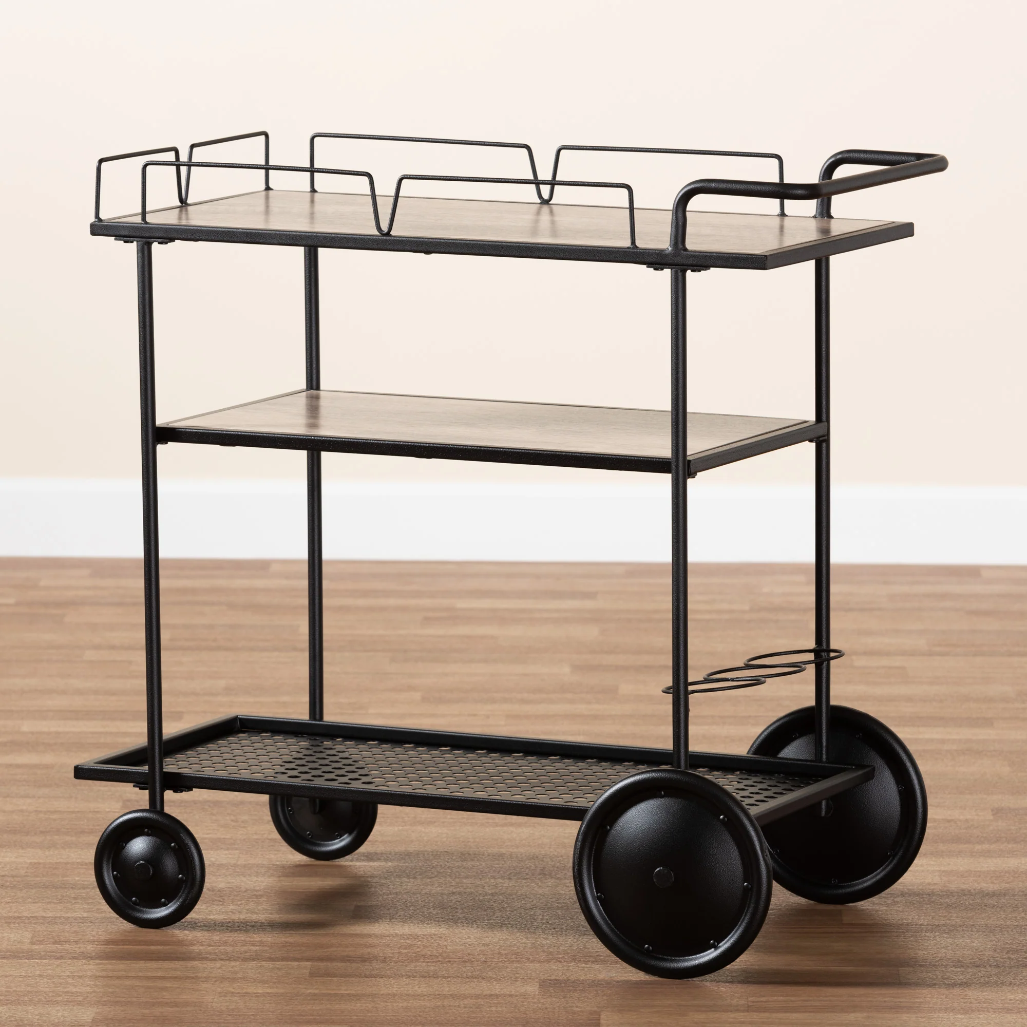 Baxton Studio Huntley Modern Industrial Walnut Brown Finished Wood and Black Metal Mobile Wine Cart - Image 9