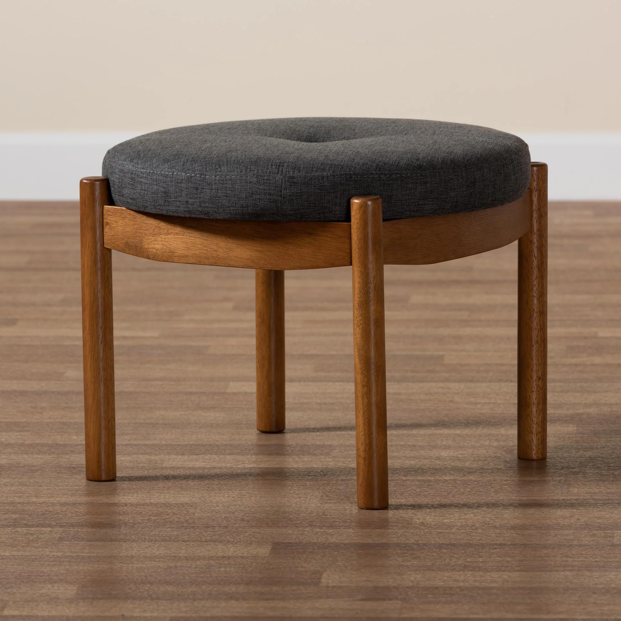 Baxton Studio Iliana Japandi Dark Grey Fabric and Walnut Brown Finished Wood Ottoman Footstool - Image 7