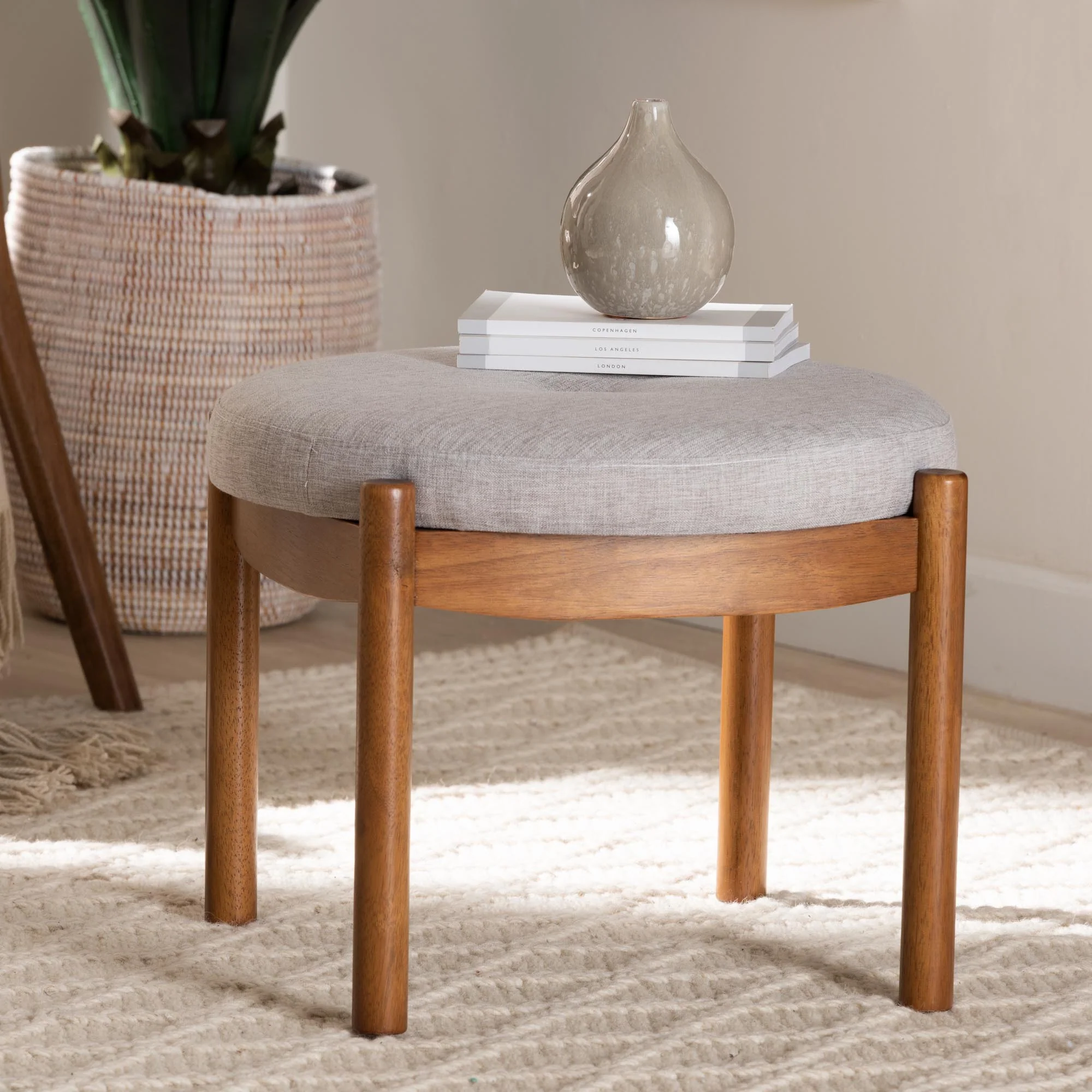 Baxton Studio Iliana Japandi Dark Grey Fabric and Walnut Brown Finished Wood Ottoman Footstool - Image 9