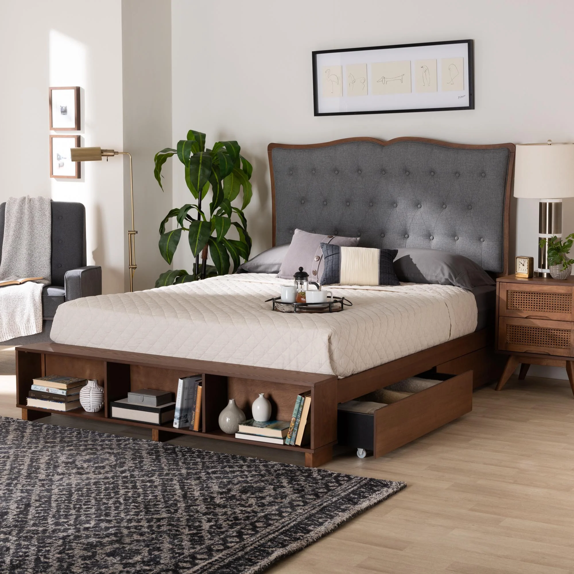 Baxton Studio Irena Classic Transitional Grey Fabric and Walnut Brown Finished Wood King Size Platform Storage Bed - Image 9