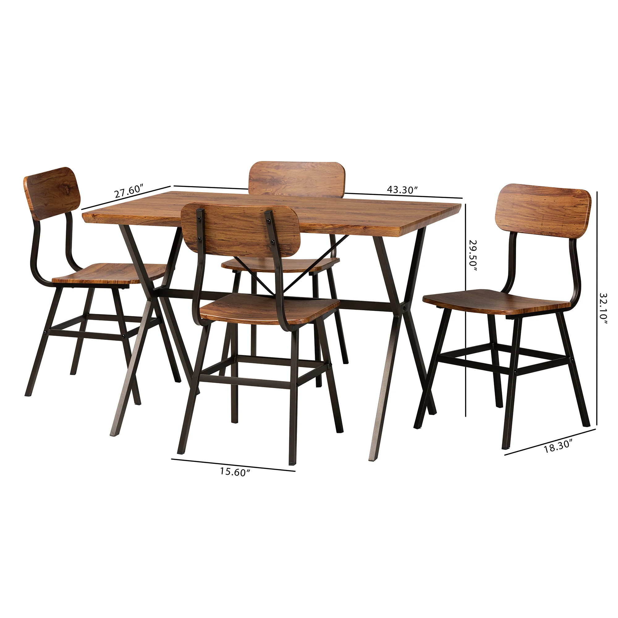 Baxton Studio Irwin Modern Industrial Walnut Brown Finished Wood and Black Metal 5-Piece Dining Set - Image 10