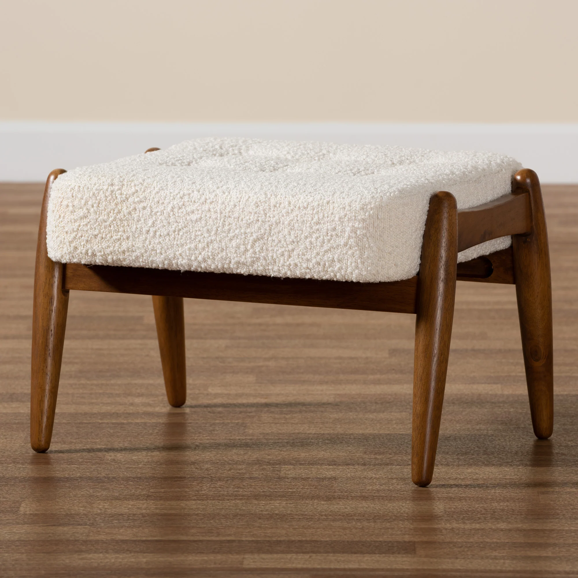 Baxton Studio Jeanine Japandi Cream Boucle Fabric and Walnut Brown Finished Rubberwood Ottoman Footstool - Image 7