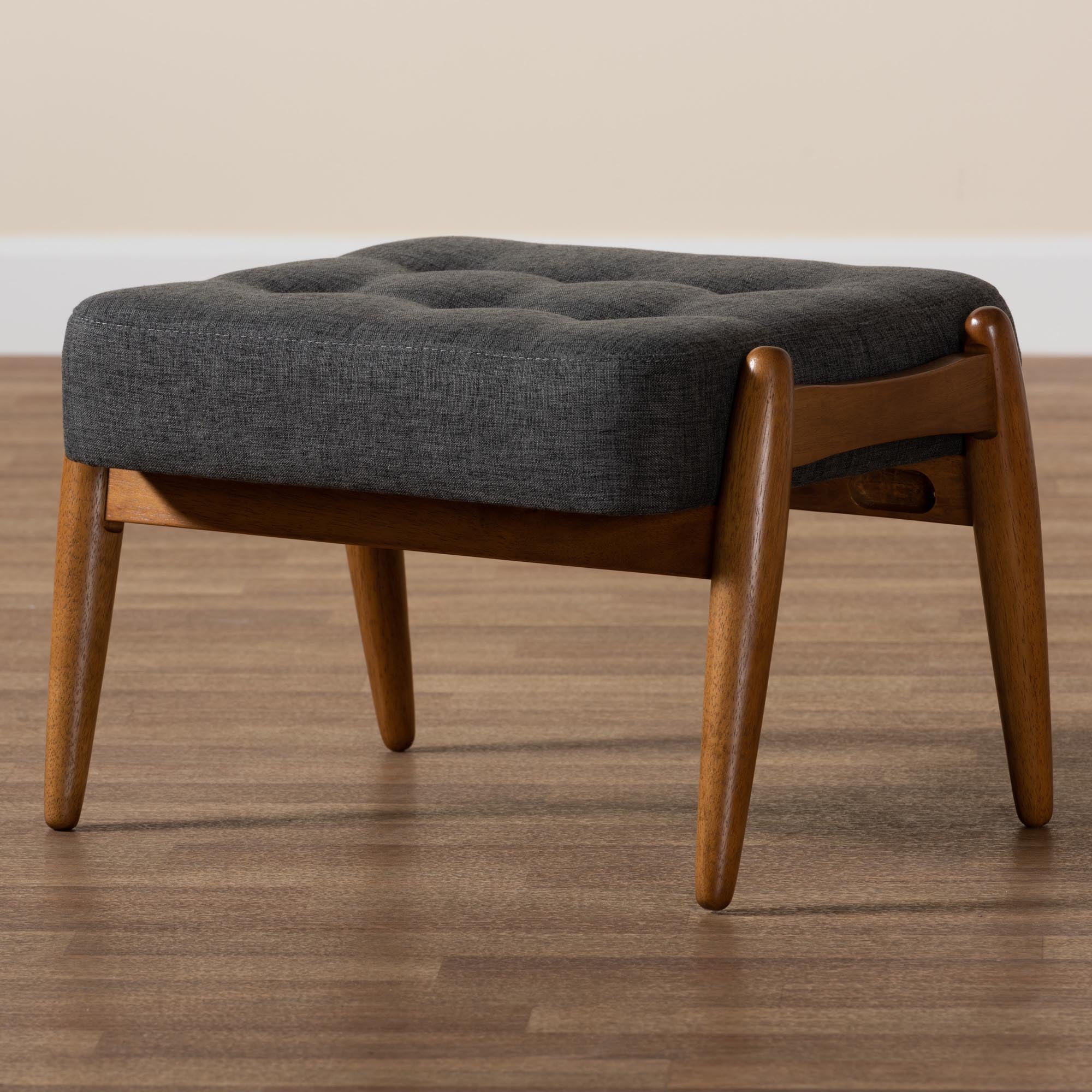 Baxton Studio Jeanine Japandi Dark Grey Fabric and Walnut Brown Finished Wood Ottoman Footstool - Image 7