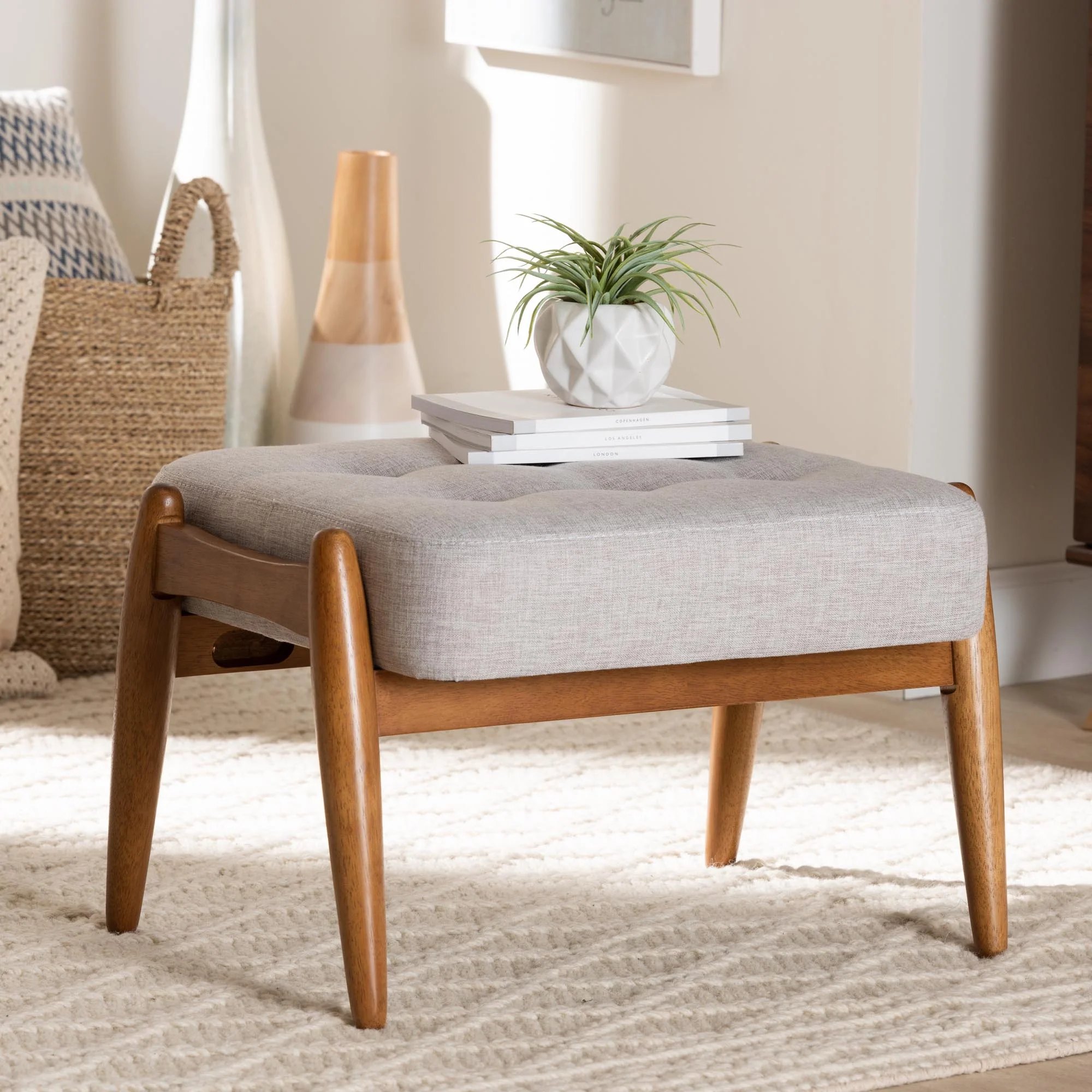 Baxton Studio Jeanine Japandi Dark Grey Fabric and Walnut Brown Finished Wood Ottoman Footstool - Image 9