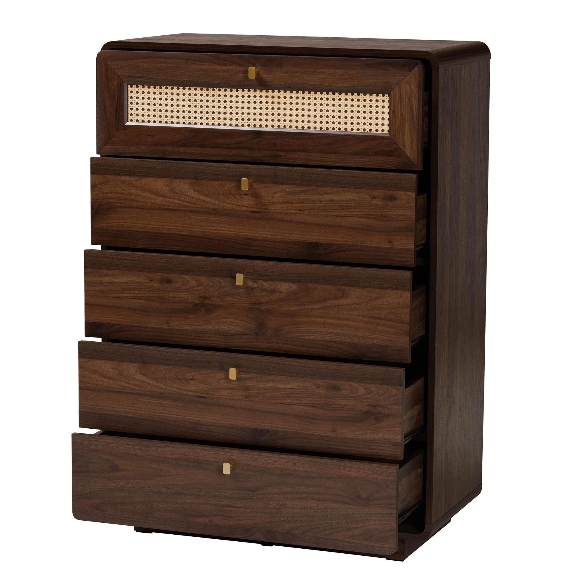 Baxton Studio Jenibelle Classic Walnut Brown Wood 5-Drawer Chest with Rattan Drawer - Image 3