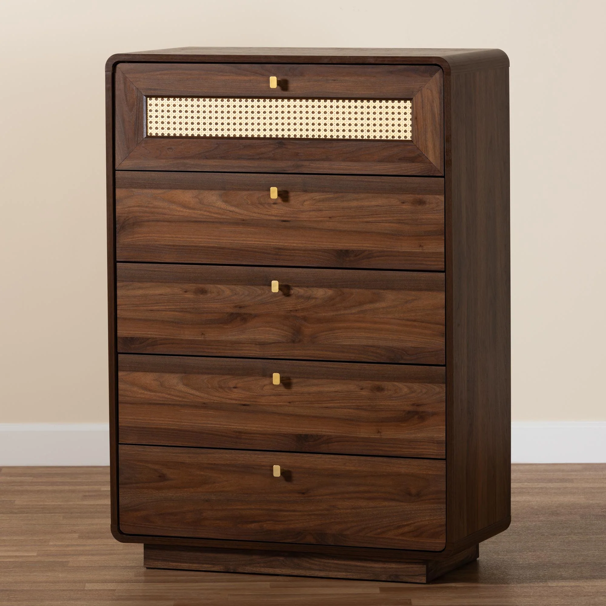 Baxton Studio Jenibelle Classic Walnut Brown Wood 5-Drawer Chest with Rattan Drawer - Image 9