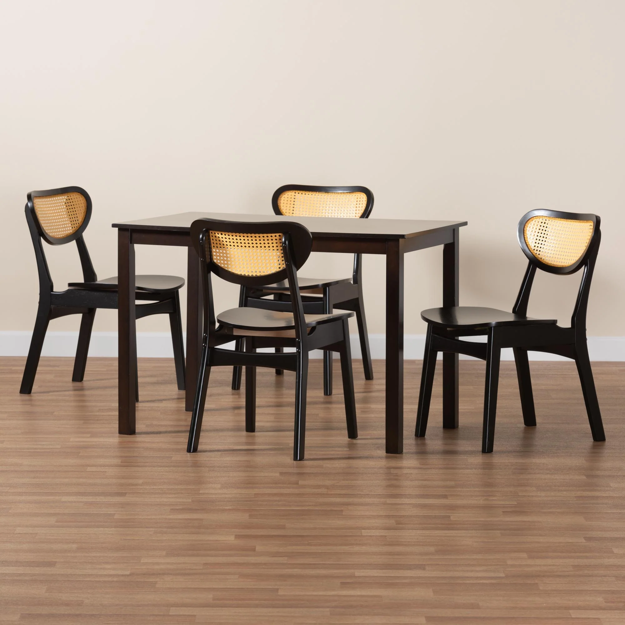 Baxton Studio Jeriah Mid-Century Modern Dark Brown Finished Wood and Woven Rattan 5-Piece Dining Set - Image 2