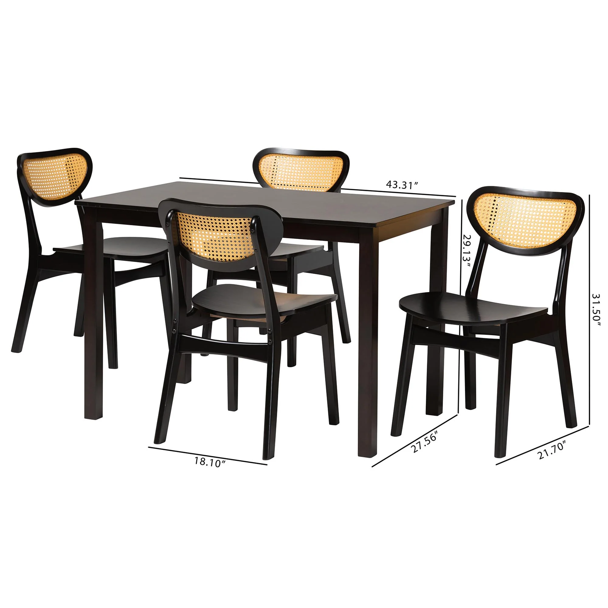 Baxton Studio Jeriah Mid-Century Modern Dark Brown Finished Wood and Woven Rattan 5-Piece Dining Set - Image 3