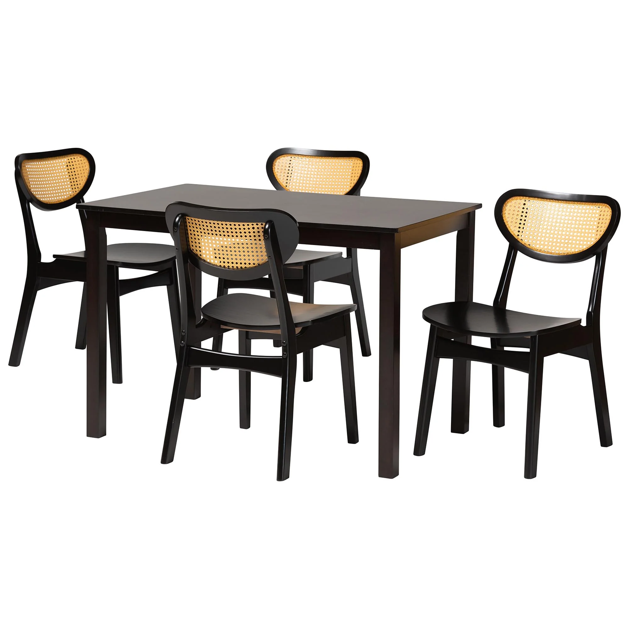 Baxton Studio Jeriah Mid-Century Modern Dark Brown Finished Wood and Woven Rattan 5-Piece Dining Set - Image 4