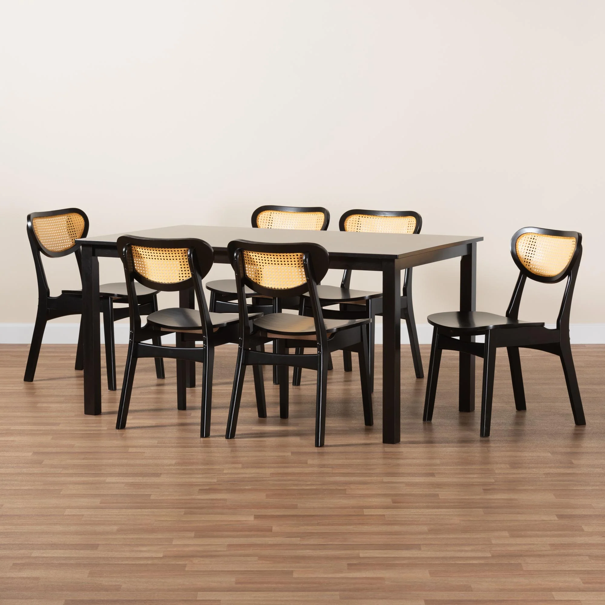 Baxton Studio Jeriah Mid-Century Modern Dark Brown Finished Wood and Woven Rattan 7-Piece Dining Set - Image 2