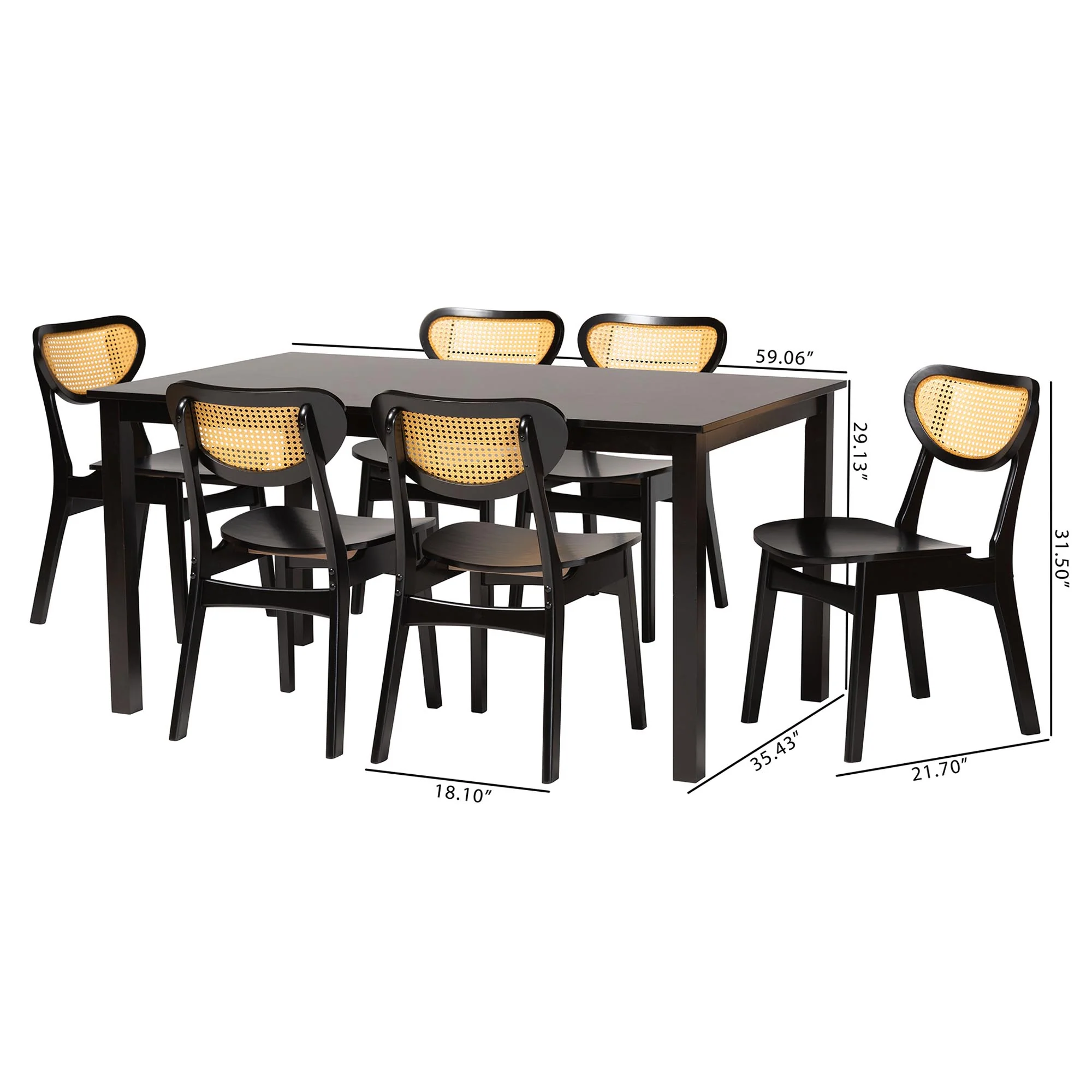 Baxton Studio Jeriah Mid-Century Modern Dark Brown Finished Wood and Woven Rattan 7-Piece Dining Set - Image 3
