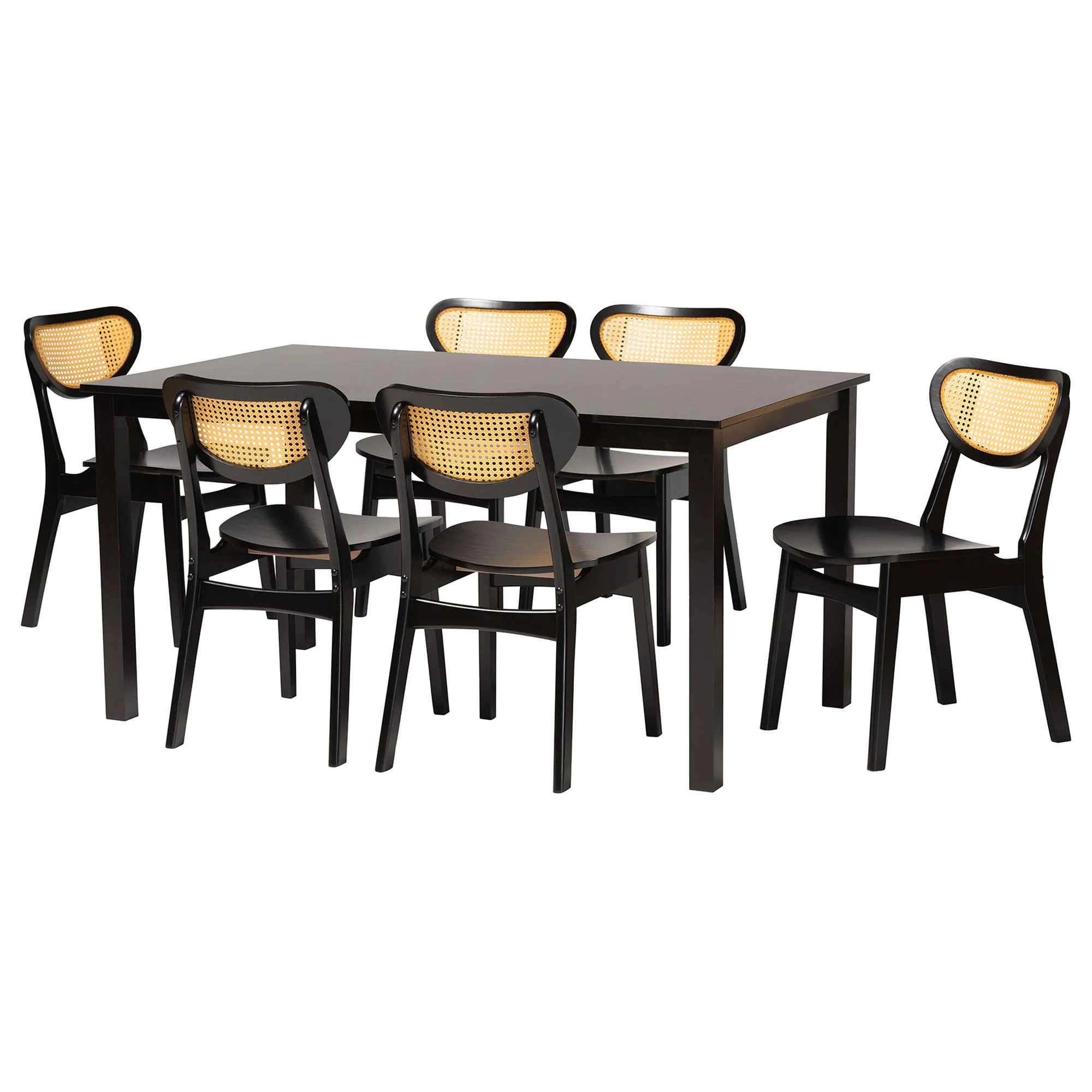 Baxton Studio Jeriah Mid-Century Modern Dark Brown Finished Wood and Woven Rattan 7-Piece Dining Set - Image 4