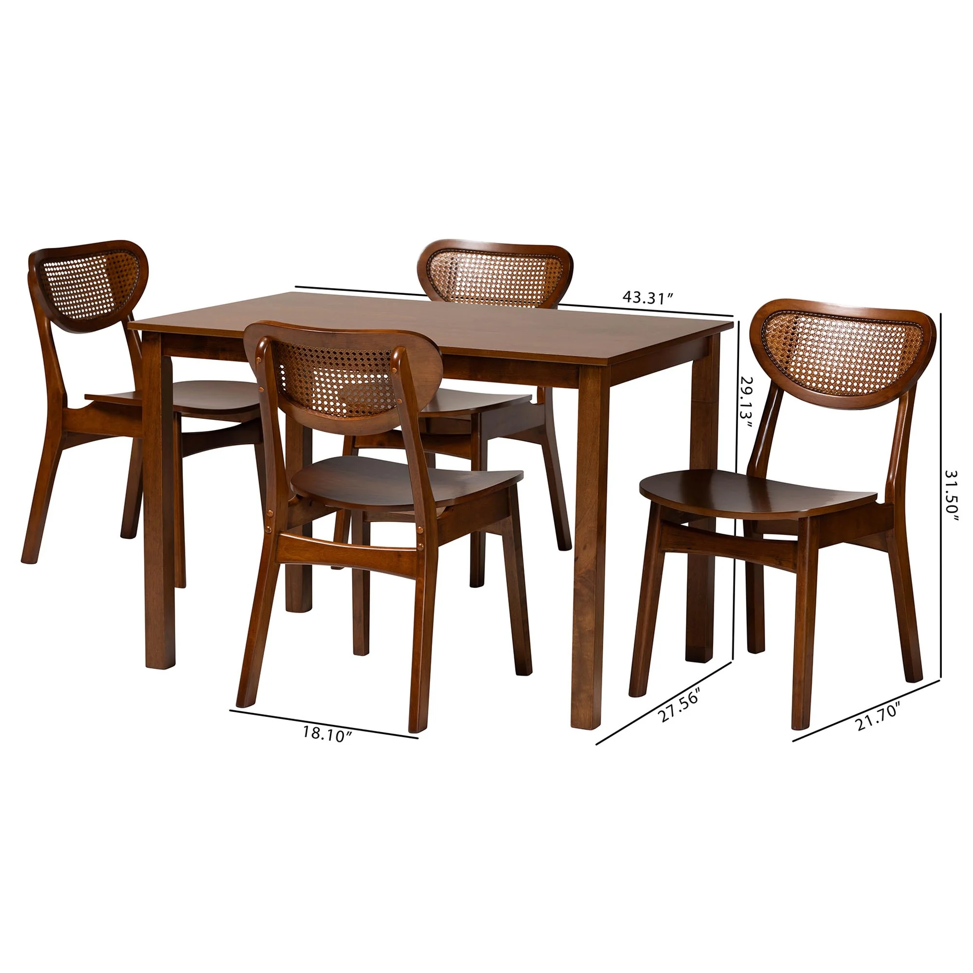 Baxton Studio Jeriah Mid-Century Modern Walnut Brown Finished Wood and Woven Rattan 5-Piece Dining Set - Image 10
