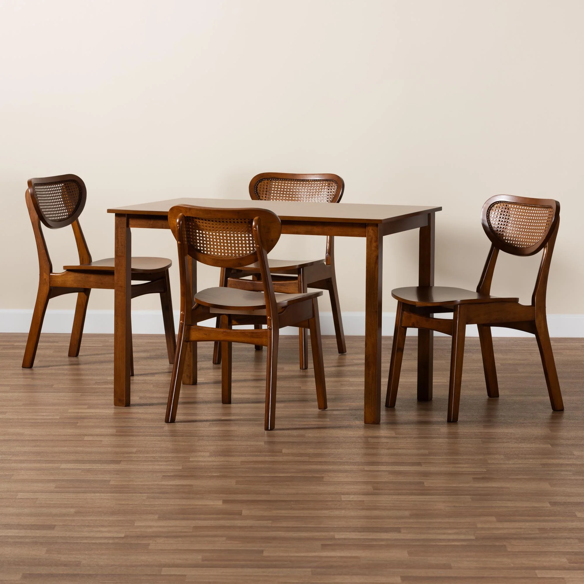 Baxton Studio Jeriah Mid-Century Modern Walnut Brown Finished Wood and Woven Rattan 5-Piece Dining Set - Image 9