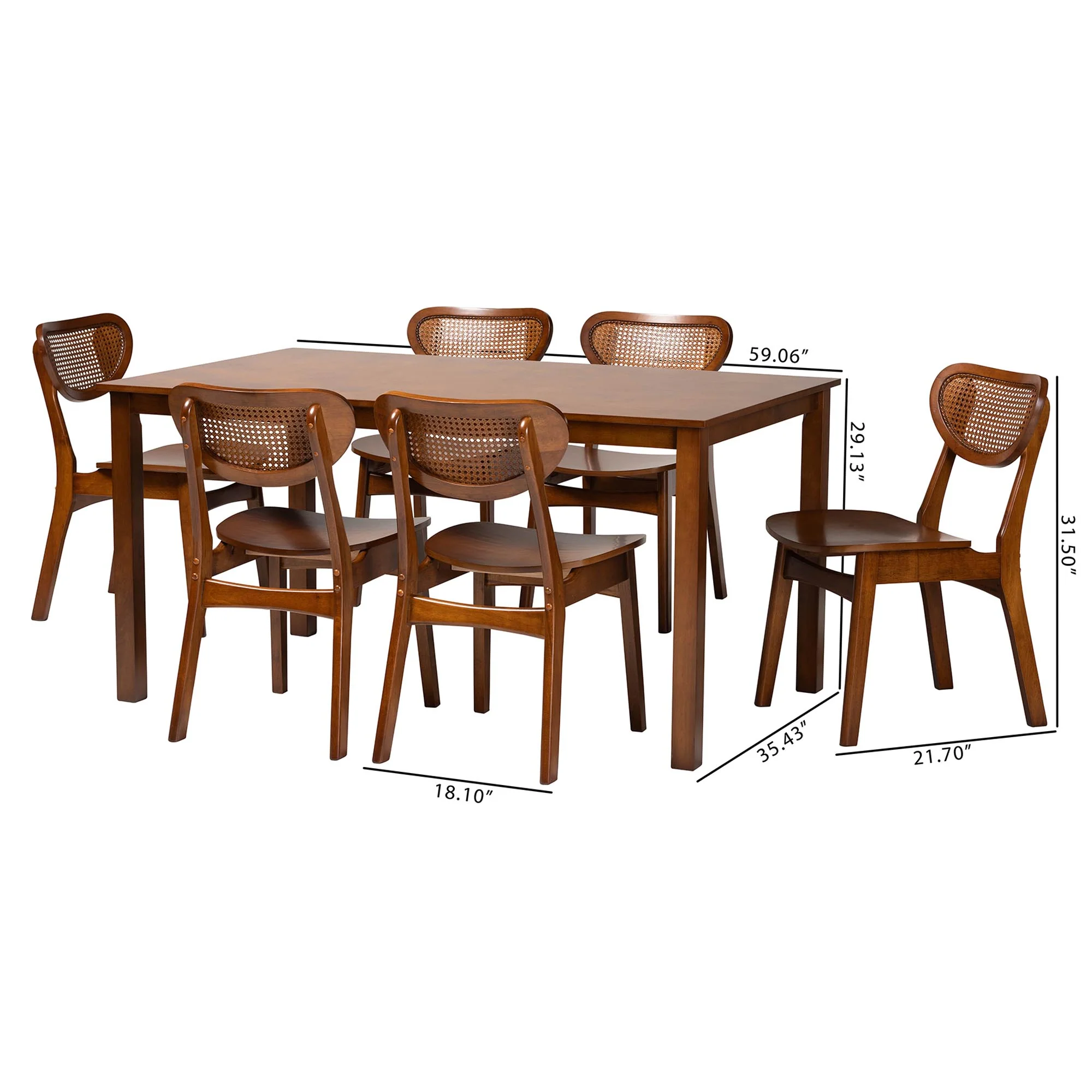 Baxton Studio Jeriah Mid-Century Modern Walnut Brown Finished Wood and Woven Rattan 7-Piece Dining Set - Image 10