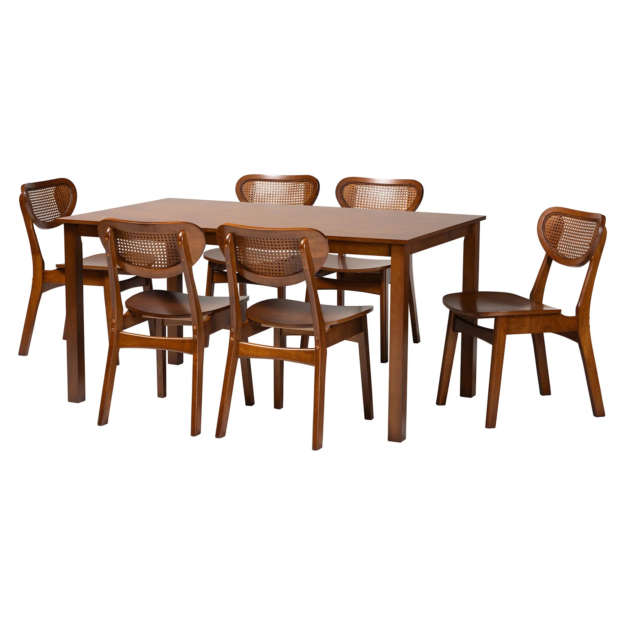 Baxton Studio Jeriah Mid-Century Modern Walnut Brown Finished Wood and Woven Rattan 7-Piece Dining Set - Image 2