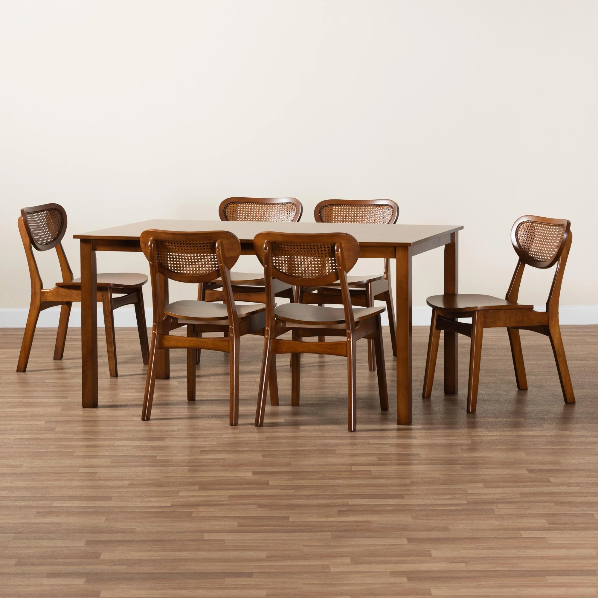 Baxton Studio Jeriah Mid-Century Modern Walnut Brown Finished Wood and Woven Rattan 7-Piece Dining Set - Image 9