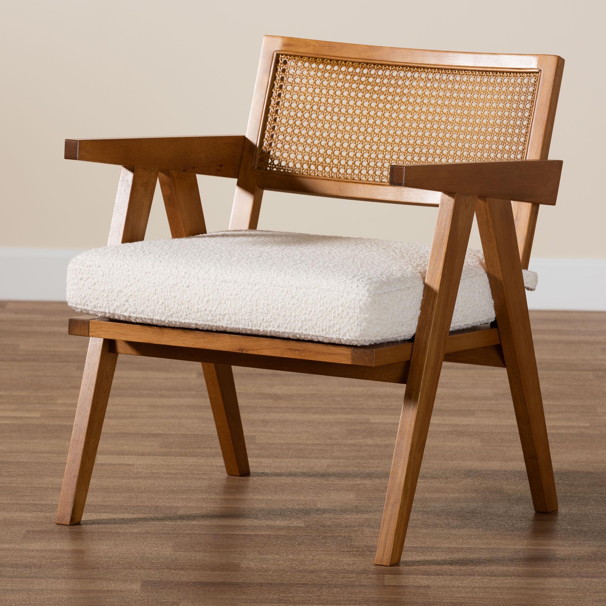 Baxton Studio Jetsam Japandi Cream Boucle Fabric and Walnut Brown Finished Wood Arm Chair - Image 9