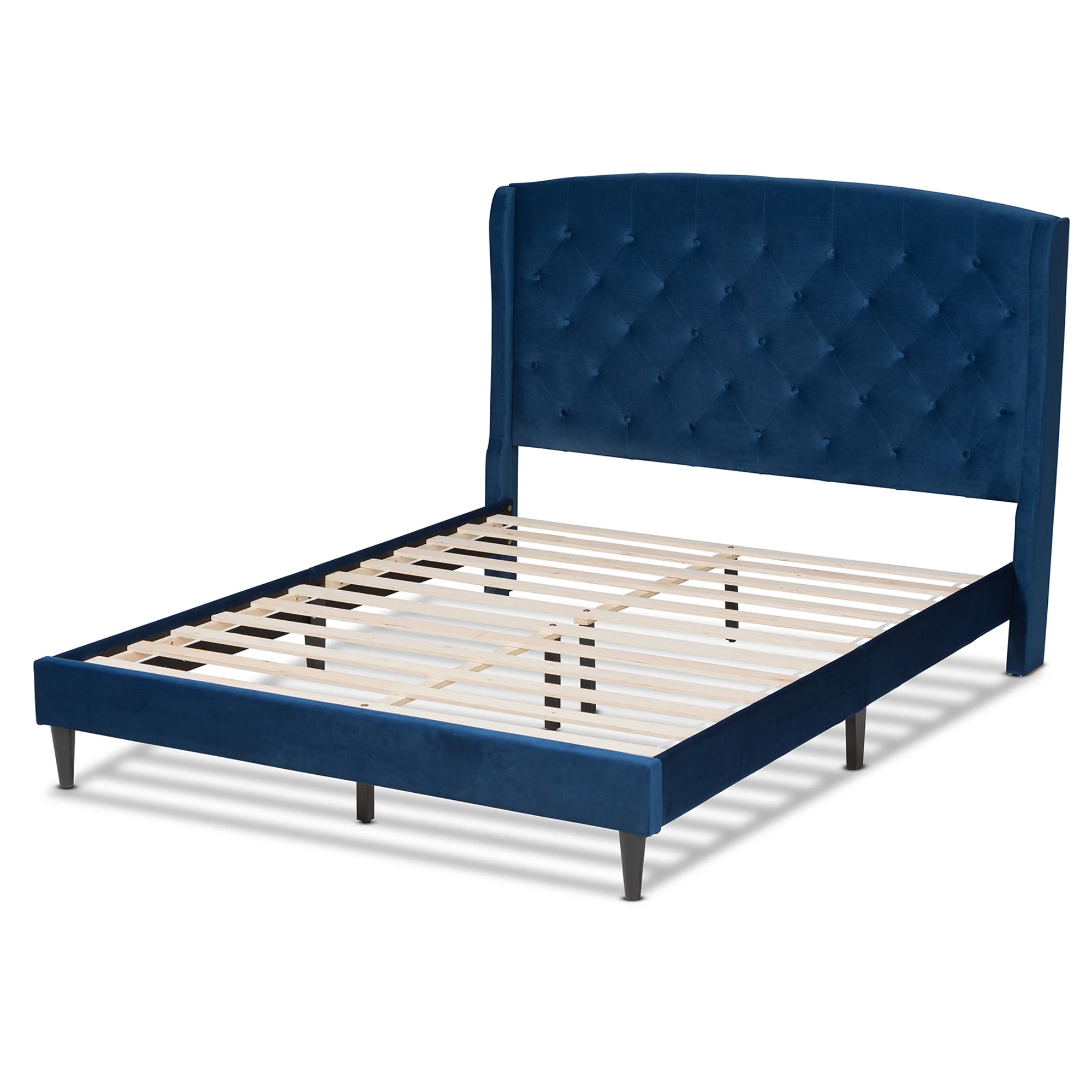 Baxton Studio Joanna Modern and Contemporay Navy Blue Velvet Fabric Upholstered and Dark Brown Finished Wood Queen Size Platform Bed - Image 4