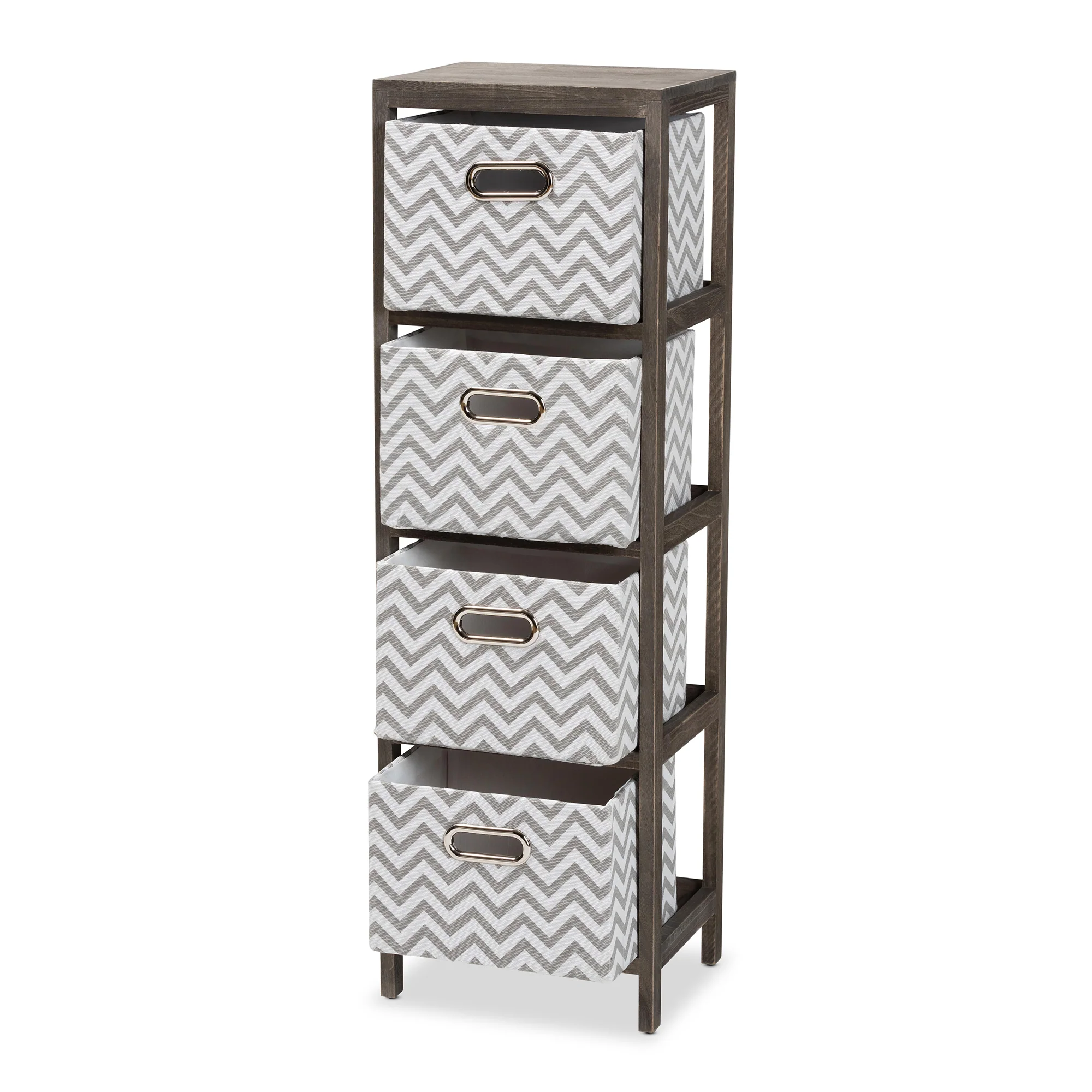 Baxton Studio Jorah Modern and Contemporary Grey and White Fabric Upholstered Greywashed Wood 4-Basket Tallboy Storage Unit - Image 3