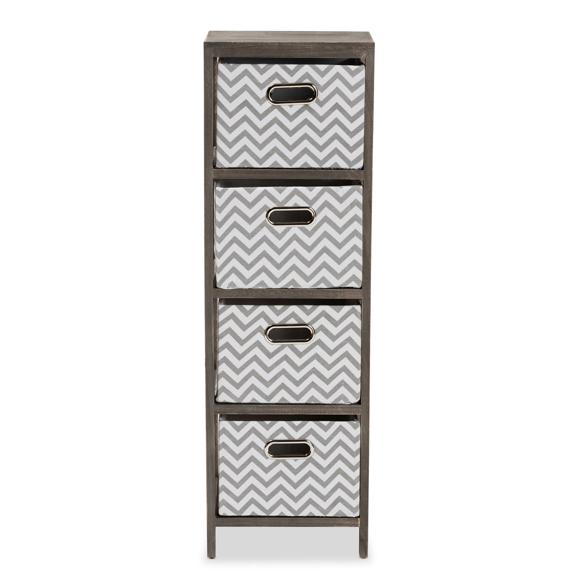 Baxton Studio Jorah Modern and Contemporary Grey and White Fabric Upholstered Greywashed Wood 4-Basket Tallboy Storage Unit - Image 4