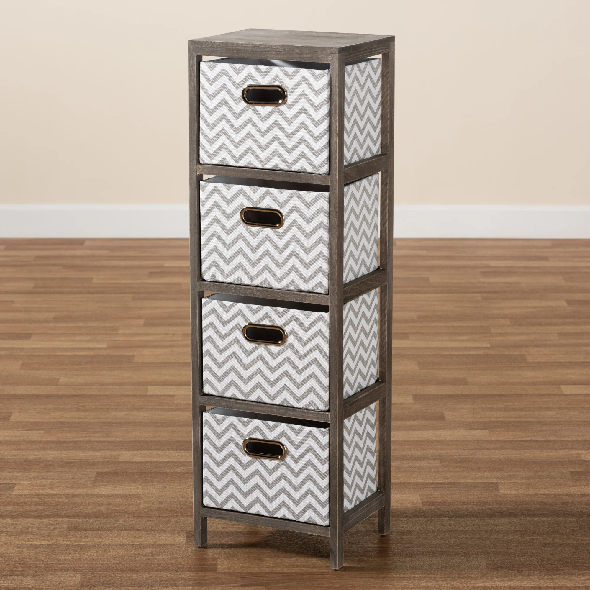 Baxton Studio Jorah Modern and Contemporary Grey and White Fabric Upholstered Greywashed Wood 4-Basket Tallboy Storage Unit - Image 9