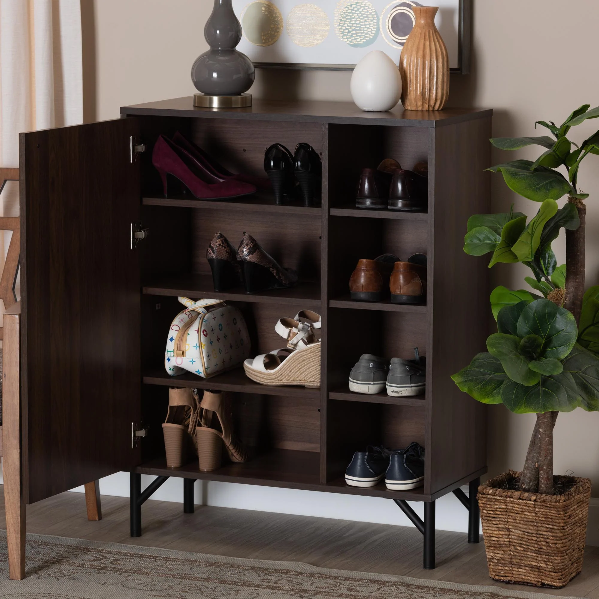 Baxton Studio Josette Mid-Century Modern Transitional Walnut Brown Finished Wood 1-Door Shoe Cabinet - Image 9