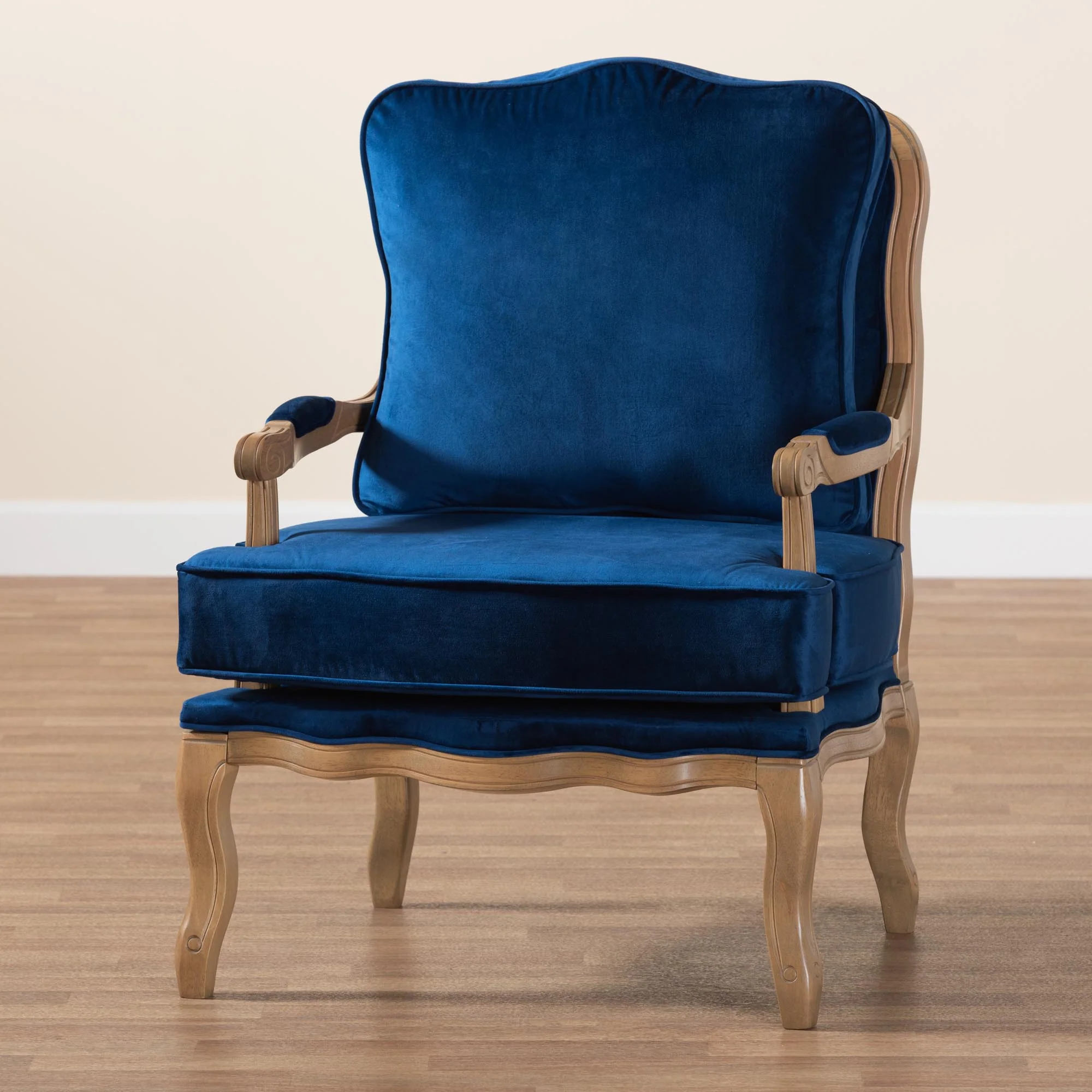 Baxton Studio Jules Traditional Navy Blue Fabric and French Oak Brown Finished Wood Accent Chair - Image 3