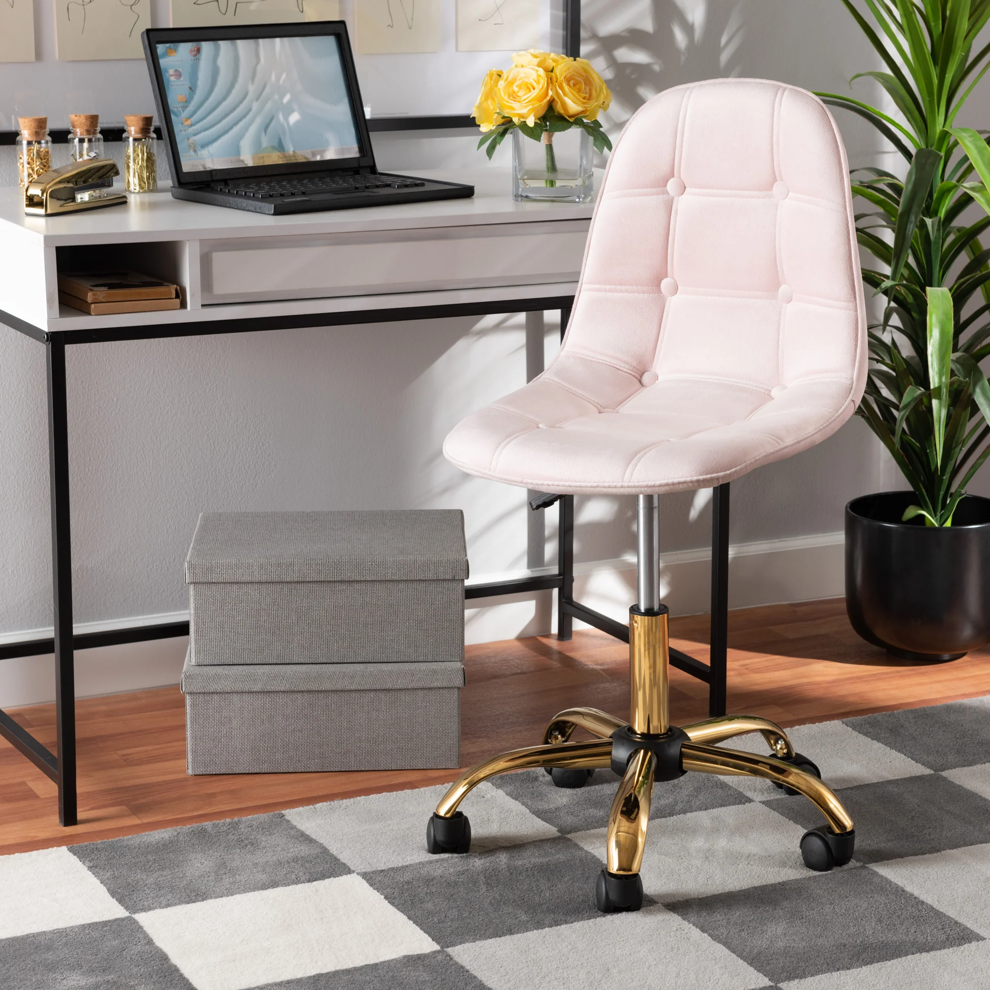 Baxton Studio Kabira Contemporary Glam and Luxe Aqua Velvet Fabric and Gold Metal Swivel Office chair - Image 11