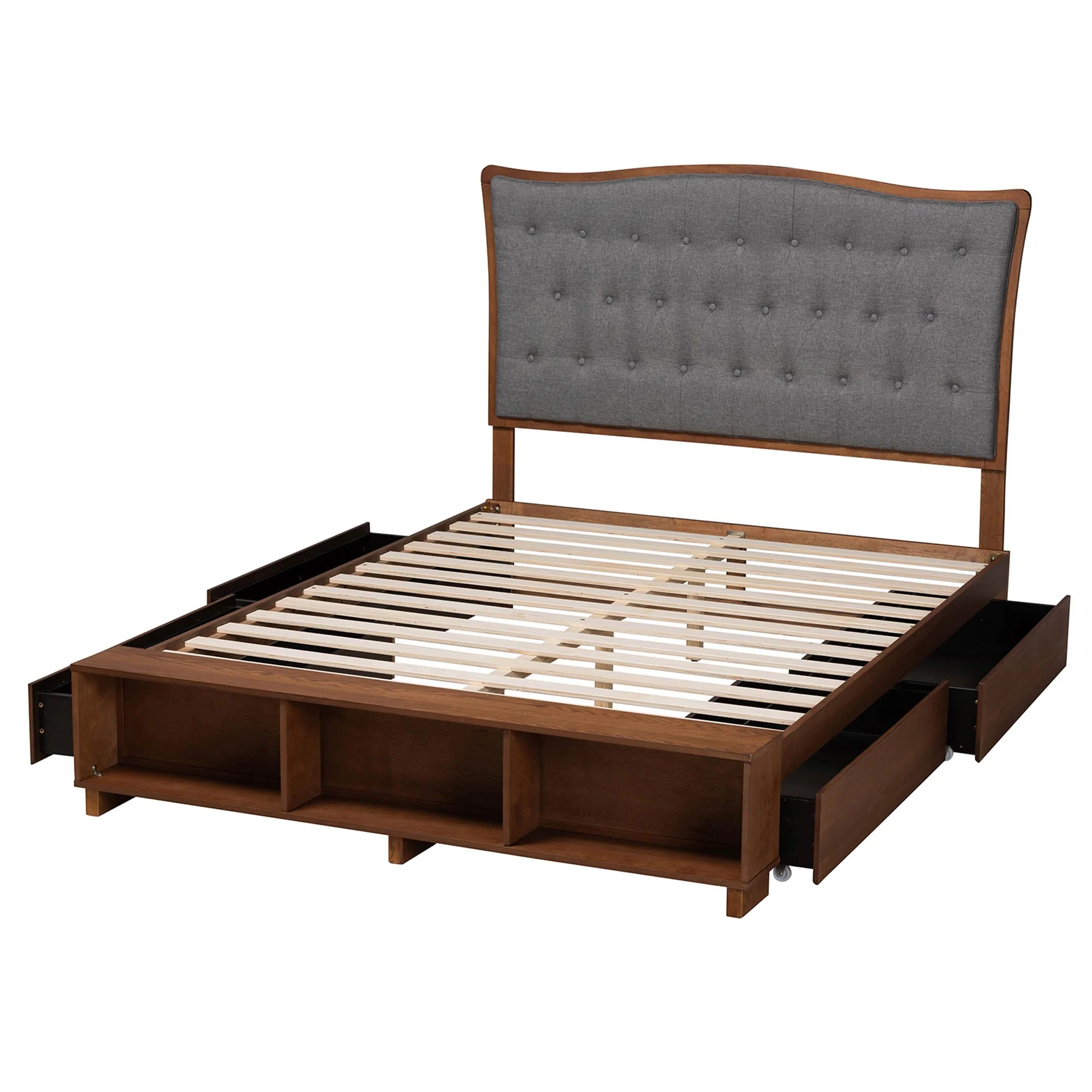 Baxton Studio Kalare Classic Transitional Grey Fabric and Walnut Brown Finished Wood King Size Platform Storage Bed - Image 6