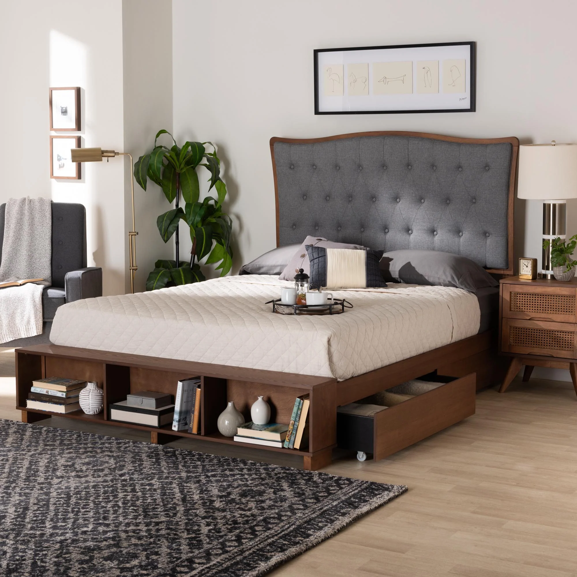 Baxton Studio Kalare Classic Transitional Grey Fabric and Walnut Brown Finished Wood Queen Size Platform Storage Bed - Image 3