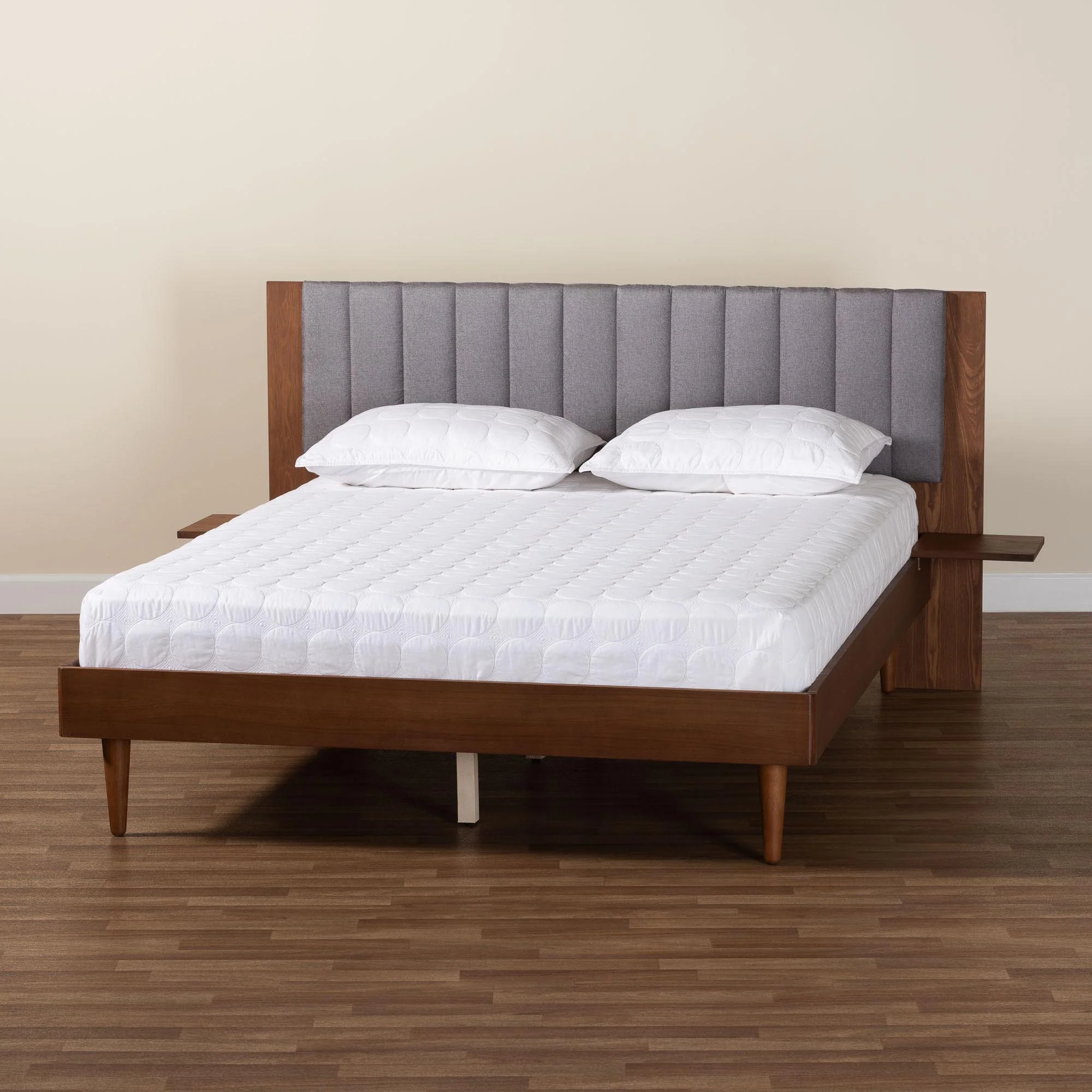Baxton Studio Kalista Transitional Modern Grey Fabric and Walnut Brown Wood Queen Size Bed with Built-In Side Tables - Image 3