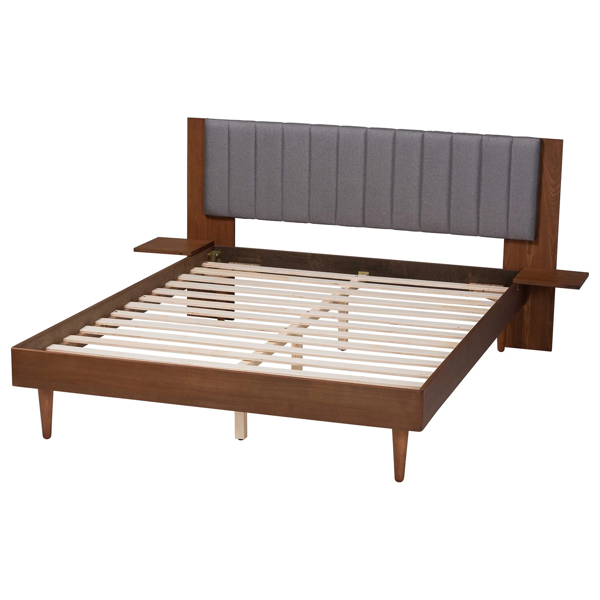 Baxton Studio Kalista Transitional Modern Grey Fabric and Walnut Brown Wood Queen Size Bed with Built-In Side Tables - Image 7