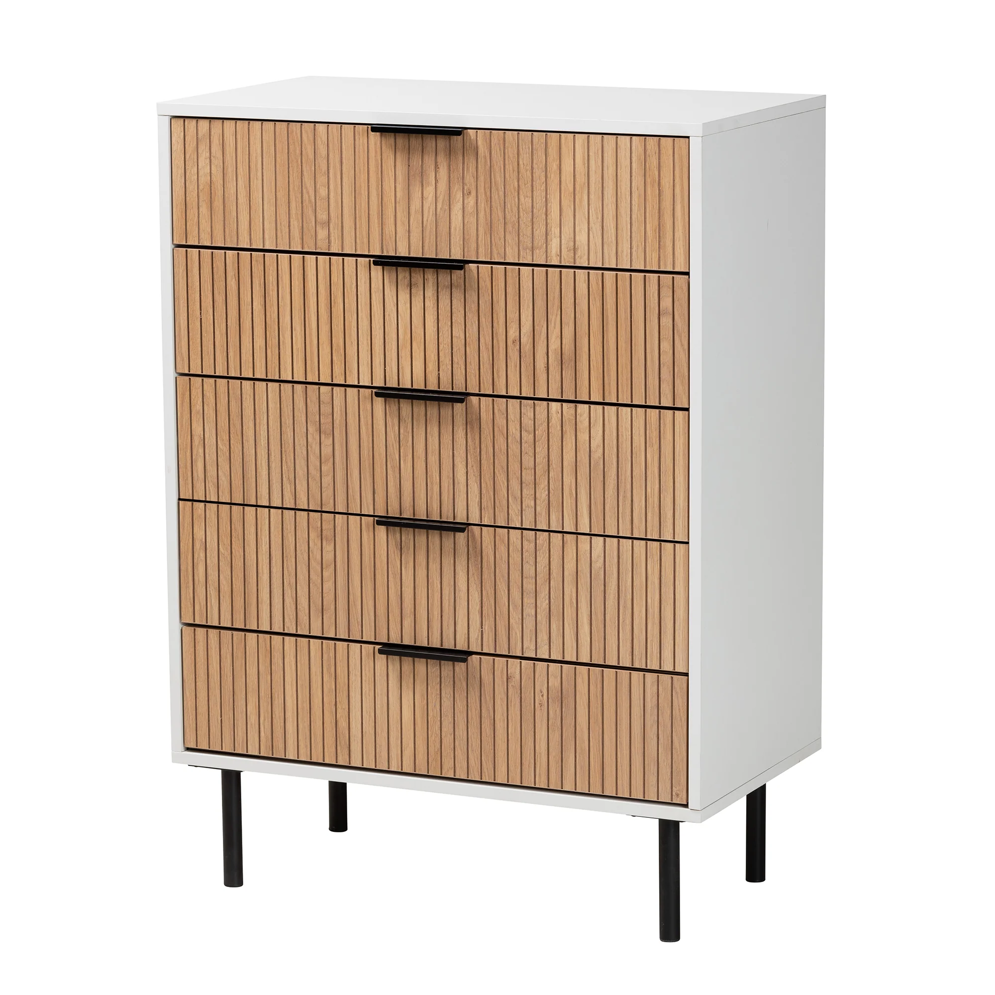 Baxton Studio Karima Mid-Century Modern Two-Tone White and Natural Brown Finished Wood and Black Metal 5-Drawer Storage Cabinet - Image 2