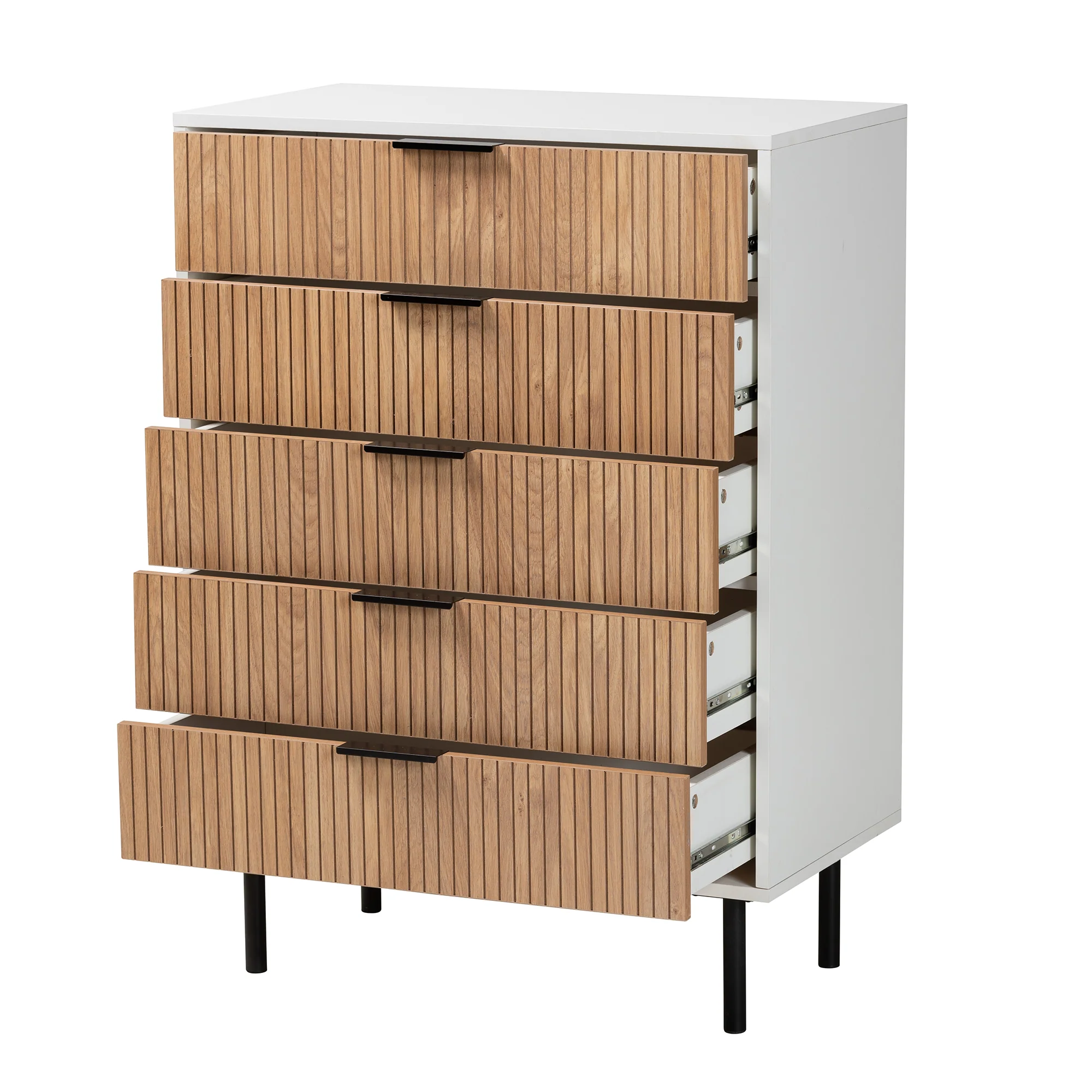 Baxton Studio Karima Mid-Century Modern Two-Tone White and Natural Brown Finished Wood and Black Metal 5-Drawer Storage Cabinet - Image 3