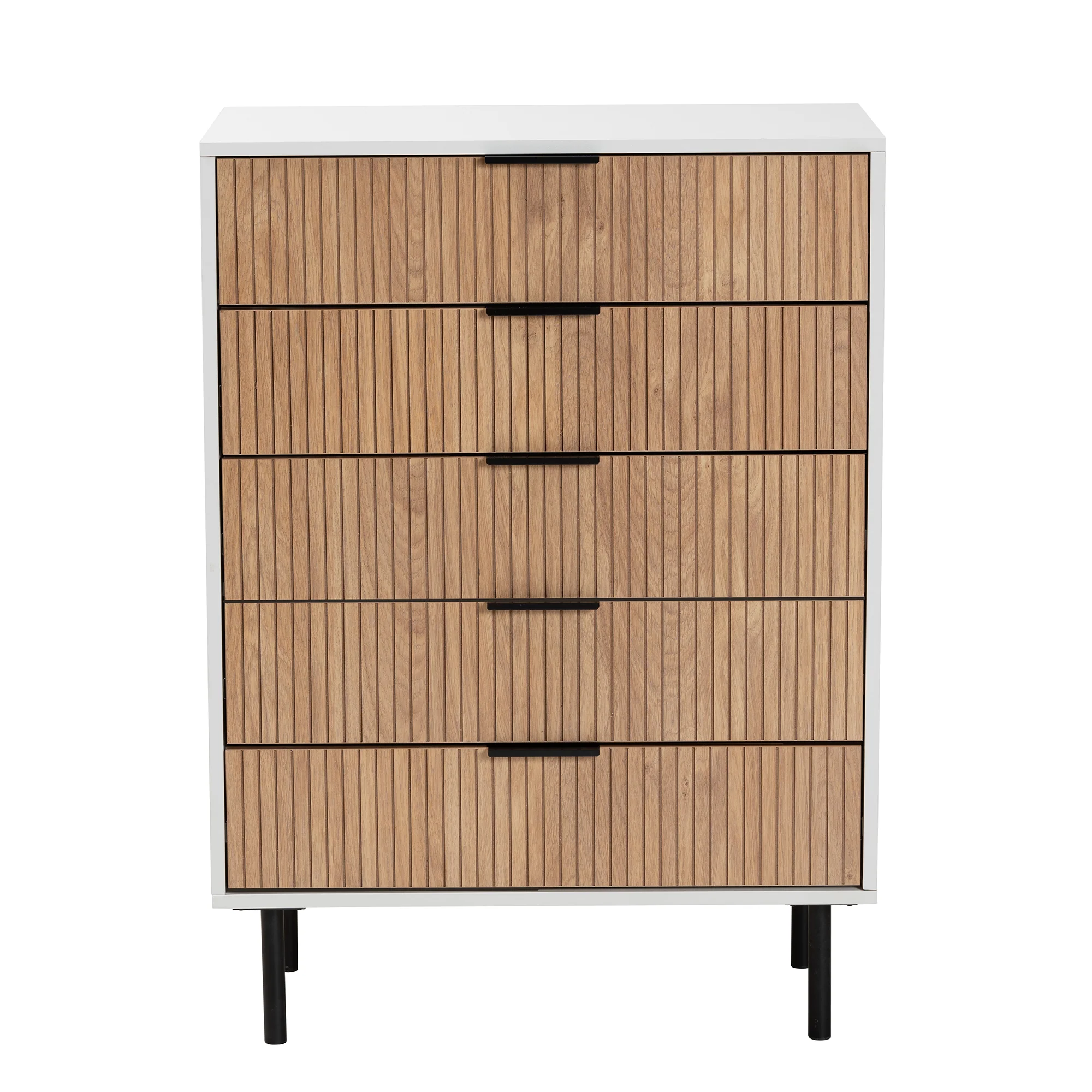 Baxton Studio Karima Mid-Century Modern Two-Tone White and Natural Brown Finished Wood and Black Metal 5-Drawer Storage Cabinet - Image 4