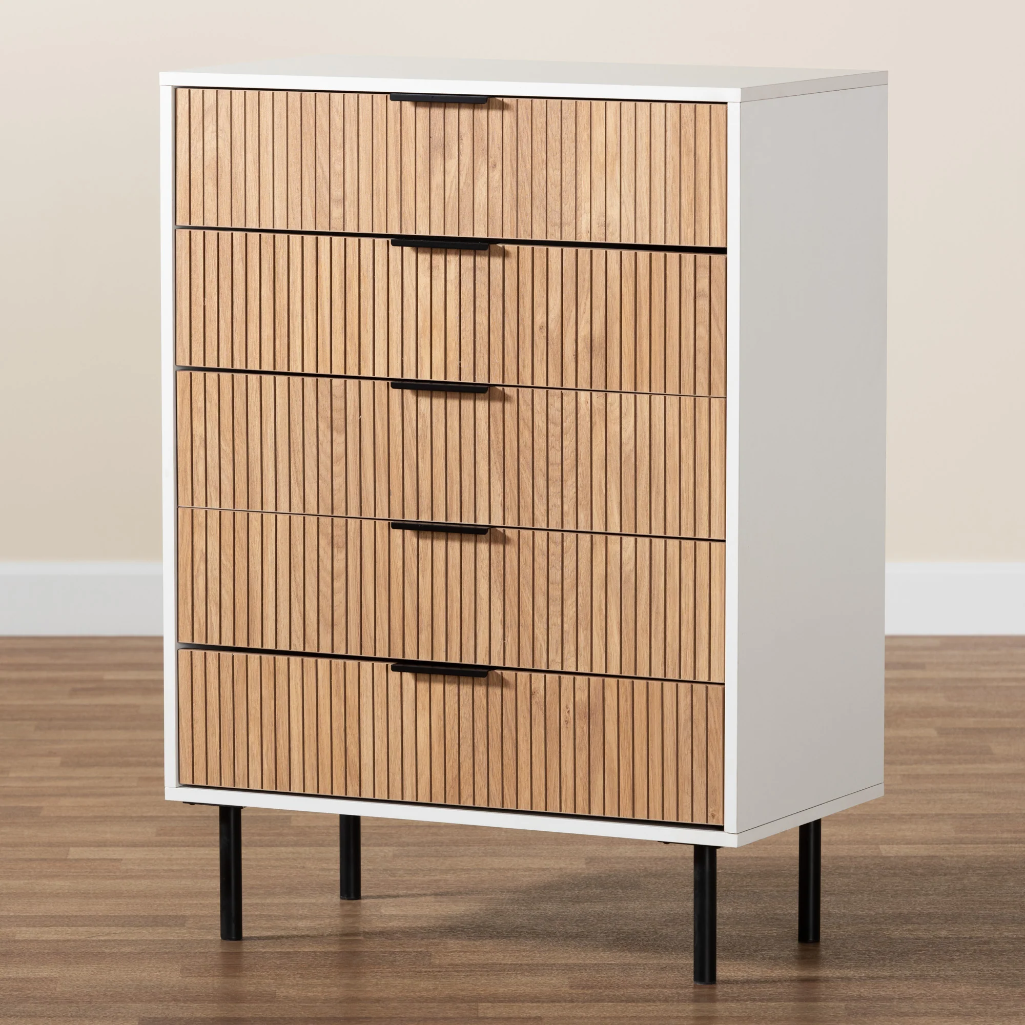 Baxton Studio Karima Mid-Century Modern Two-Tone White and Natural Brown Finished Wood and Black Metal 5-Drawer Storage Cabinet - Image 9