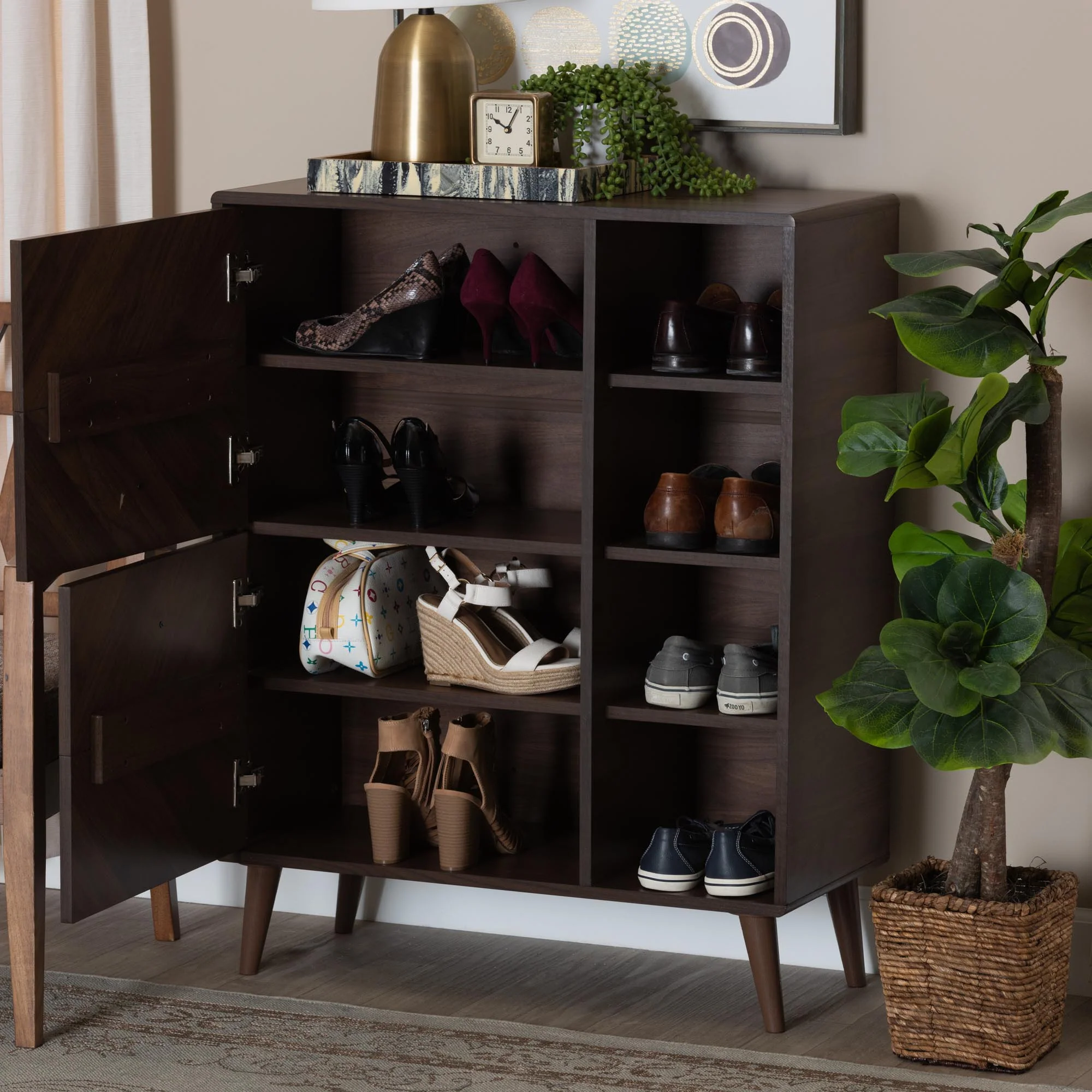Baxton Studio Keiran Mid-Century Modern Walnut Brown Finished Wood 2-Door Shoe Cabinet - Image 2