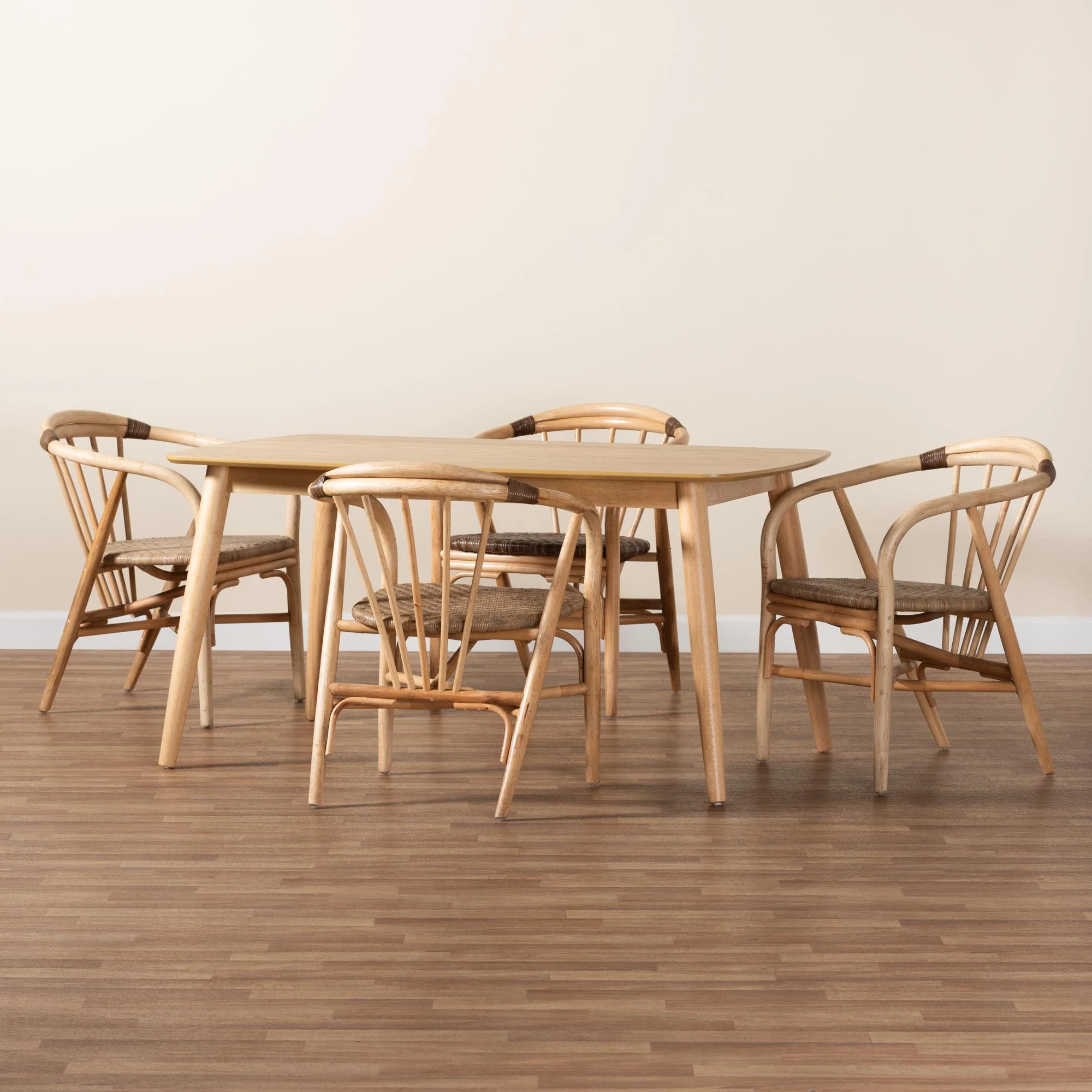 Baxton Studio Kyoto Modern Bohemian Natural Brown Finished Wood and Rattan 5-Piece Dining Set - Image 2