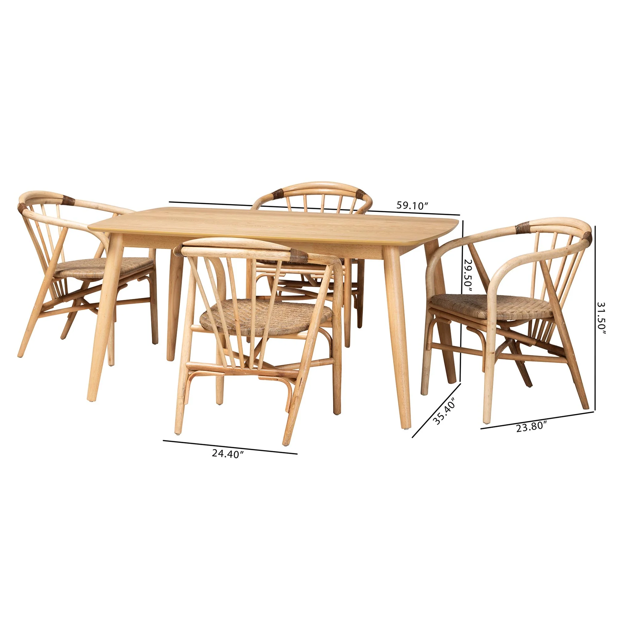 Baxton Studio Kyoto Modern Bohemian Natural Brown Finished Wood and Rattan 5-Piece Dining Set - Image 3