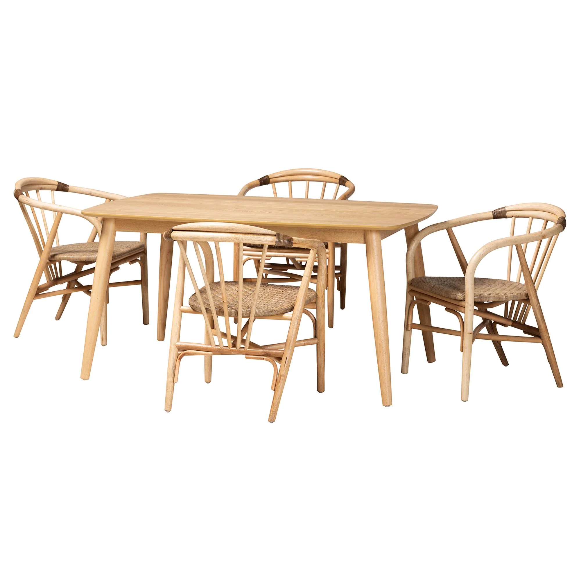 Baxton Studio Kyoto Modern Bohemian Natural Brown Finished Wood and Rattan 5-Piece Dining Set - Image 4