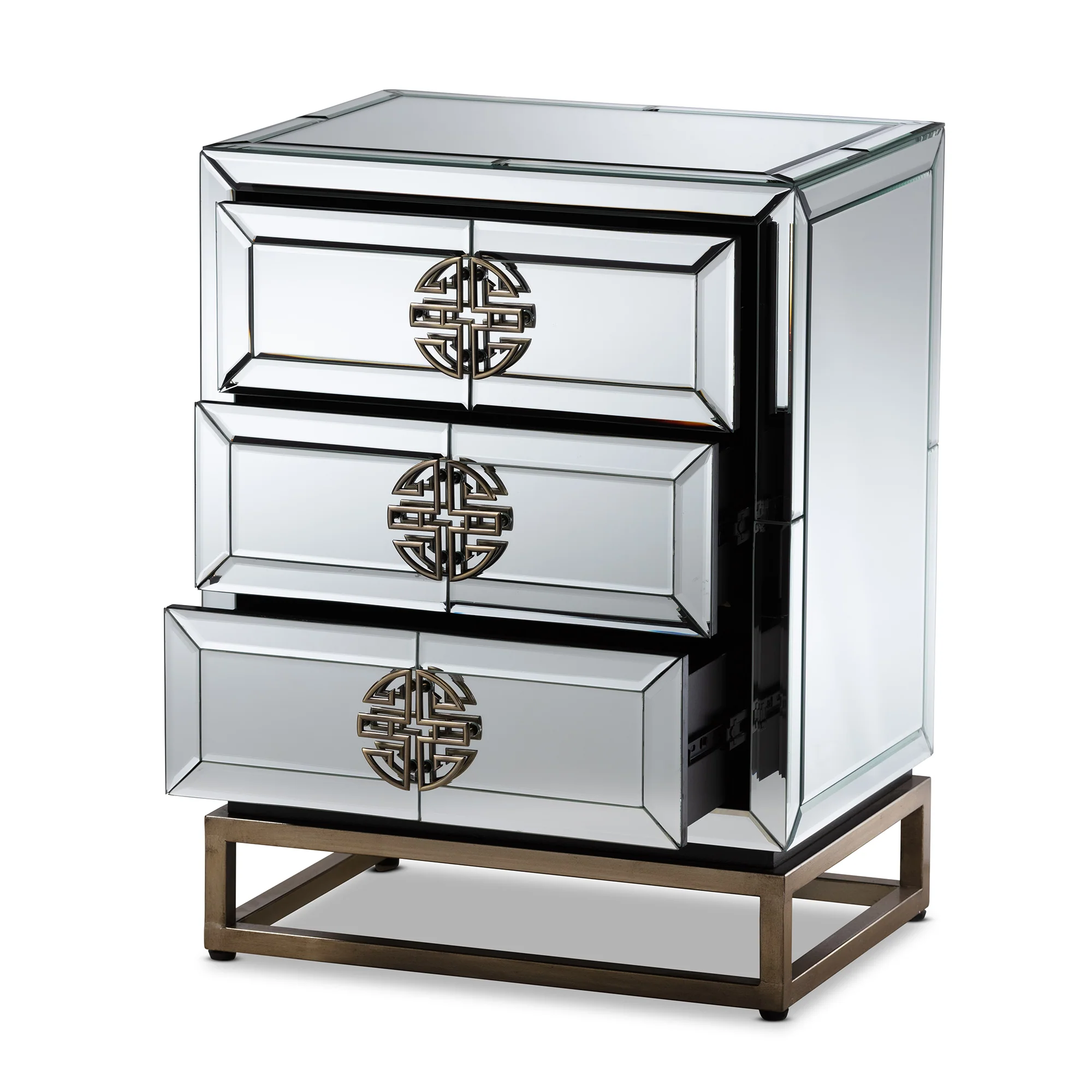 Baxton Studio Laken Contemporary Glam and Luxe Mirrored and Antique Bronze Finished 3-Drawer End Table - Image 4