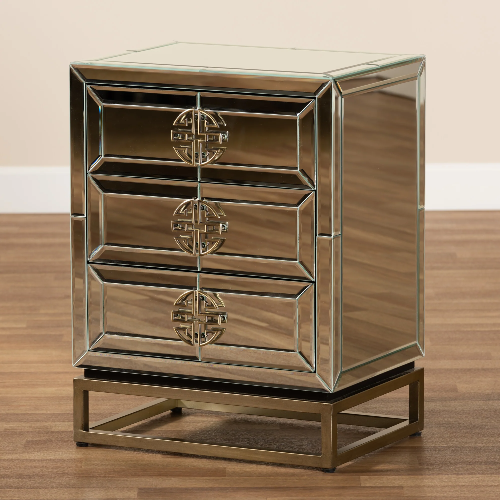 Baxton Studio Laken Contemporary Glam and Luxe Mirrored and Antique Bronze Finished 3-Drawer End Table - Image 8
