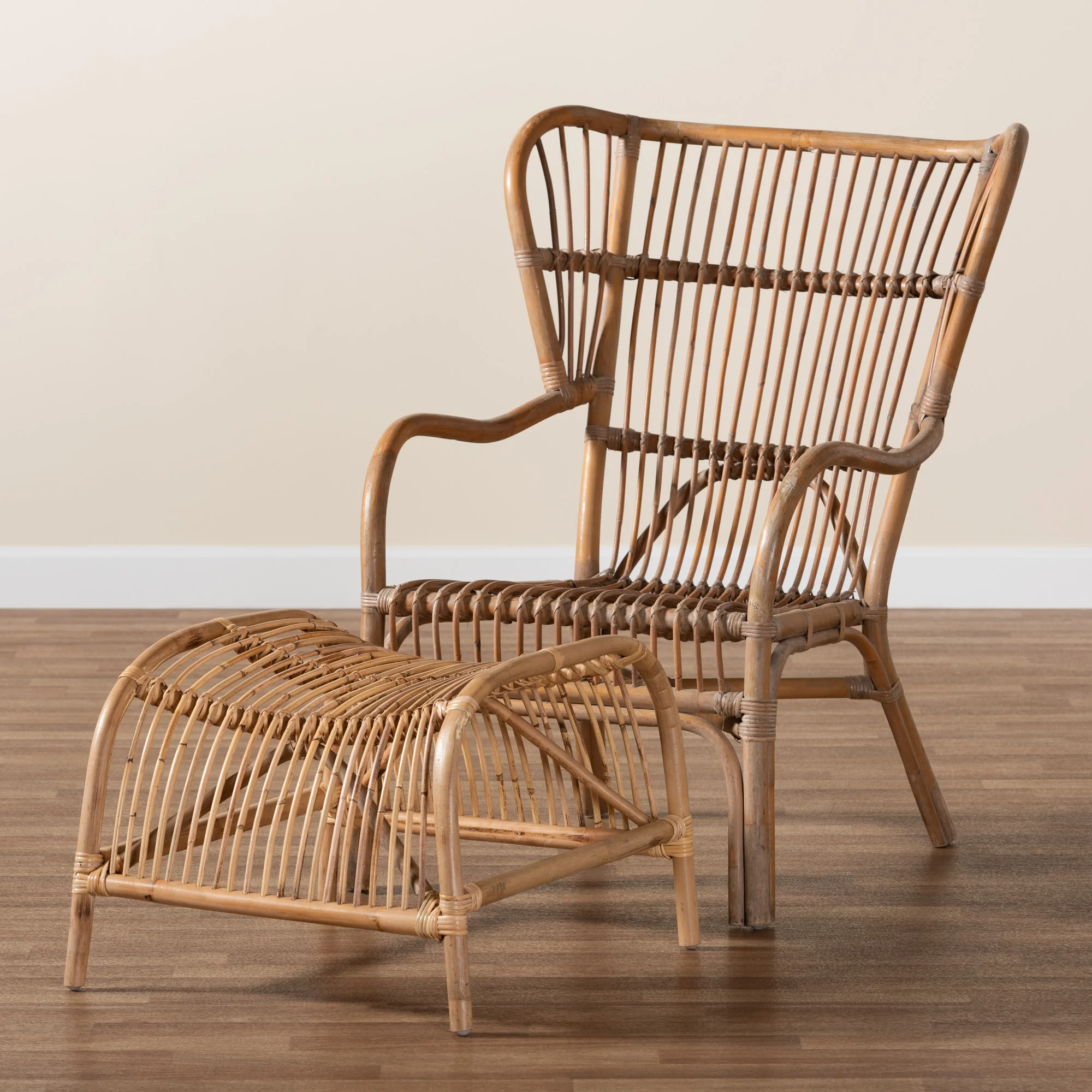 Baxton Studio Lamaria Modern Bohmenian Natural Brown Antique Rattan 2-Piece Chair and Footstool Set - Image 2