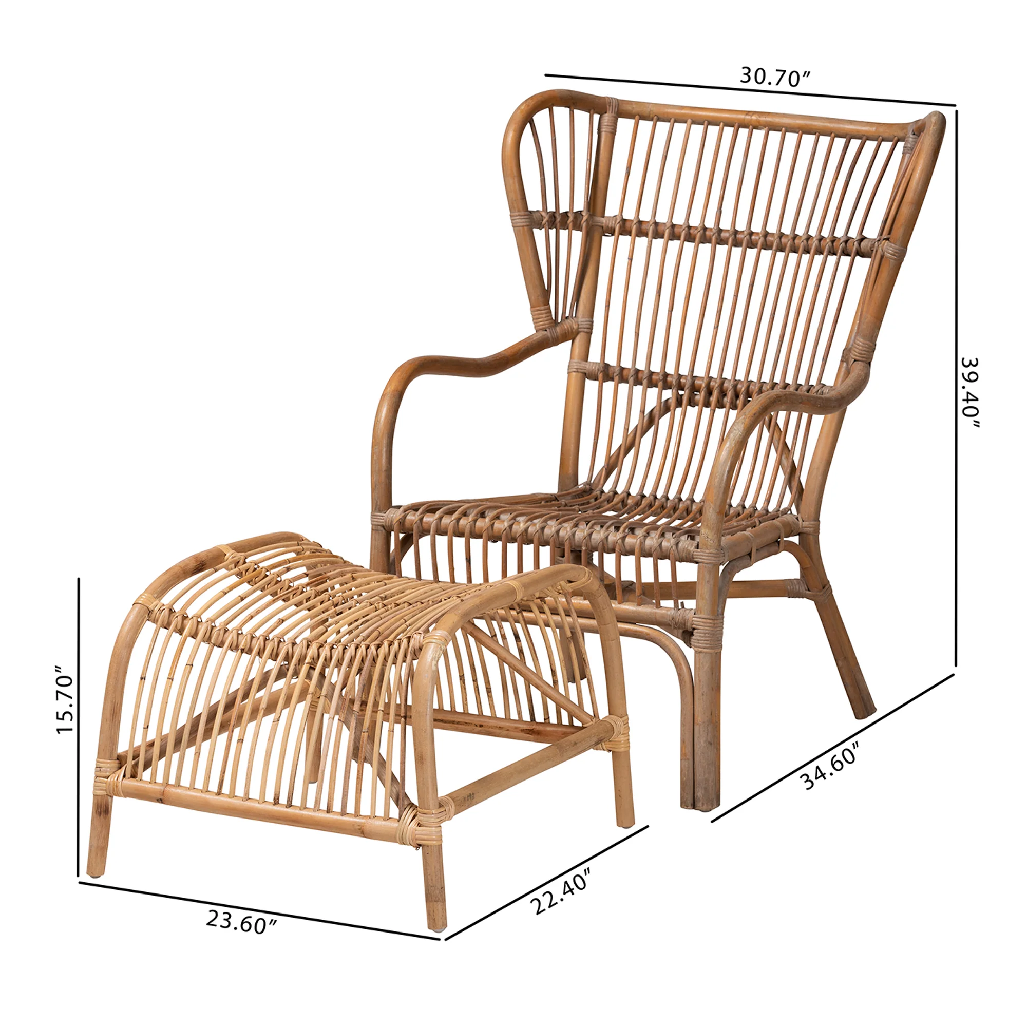 Baxton Studio Lamaria Modern Bohmenian Natural Brown Antique Rattan 2-Piece Chair and Footstool Set - Image 3