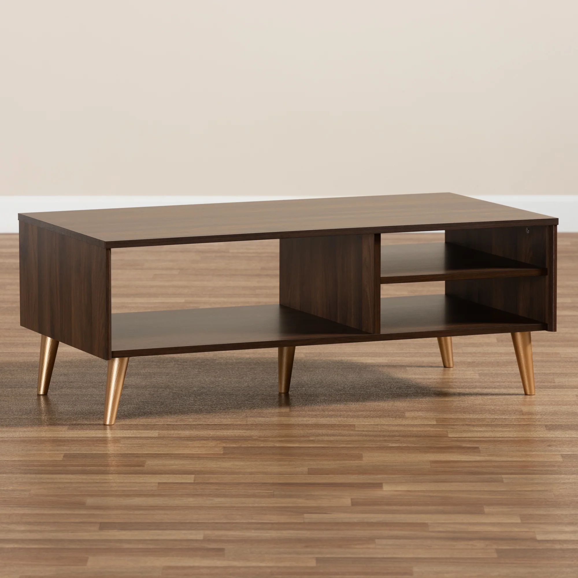 Baxton Studio Landen Mid-Century Modern Walnut Brown and Gold Finished Wood Coffee Table - Image 8