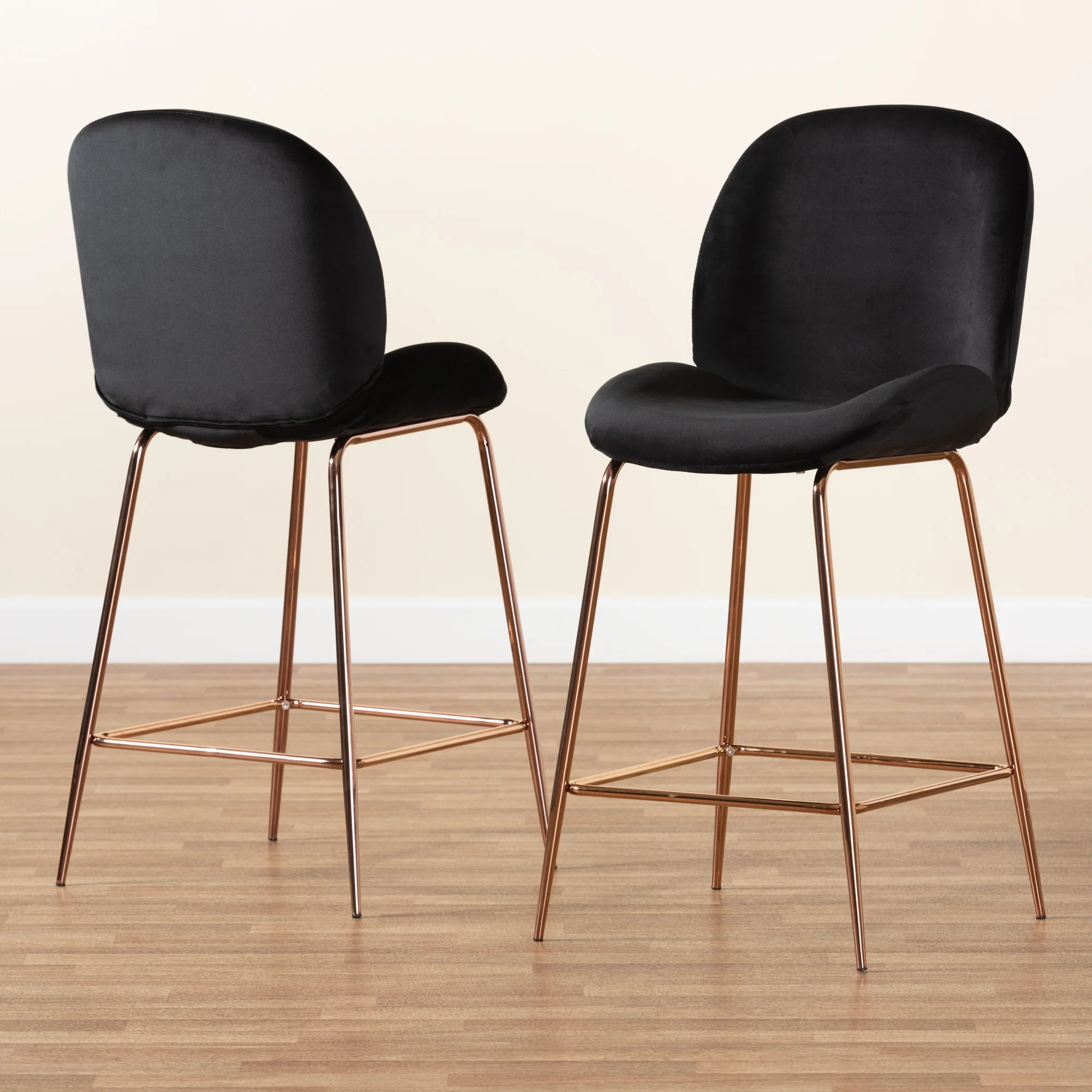 Baxton Studio Lander Modern Luxe and Glam Black Velvet Fabric Upholstered and Rose Gold Finished Metal 2-Piece Counter Stool Set - Image 2