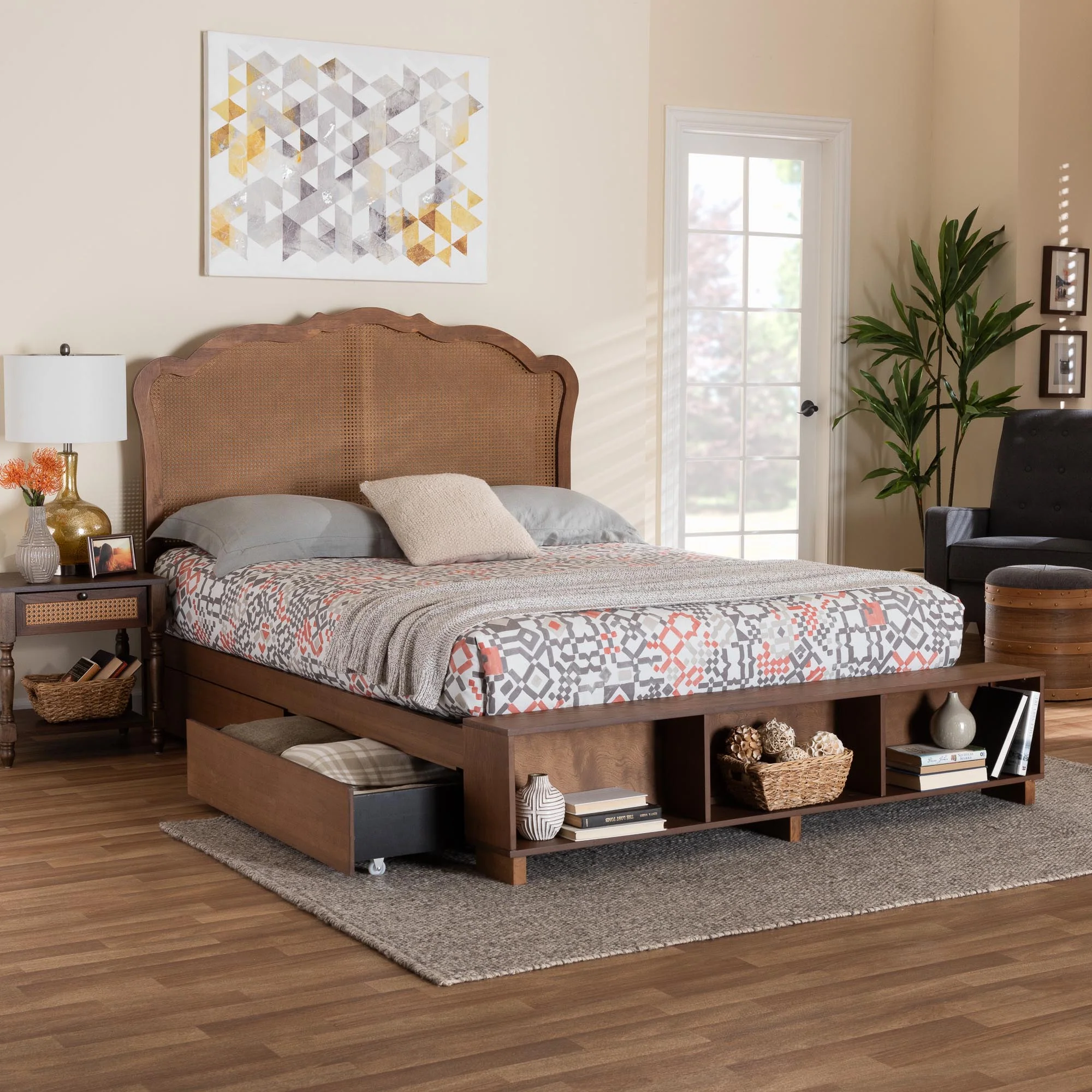 Baxton Studio Latrell Mid-Century Walnut Brown Wood and Rattan King Size Storage Bed - Image 4