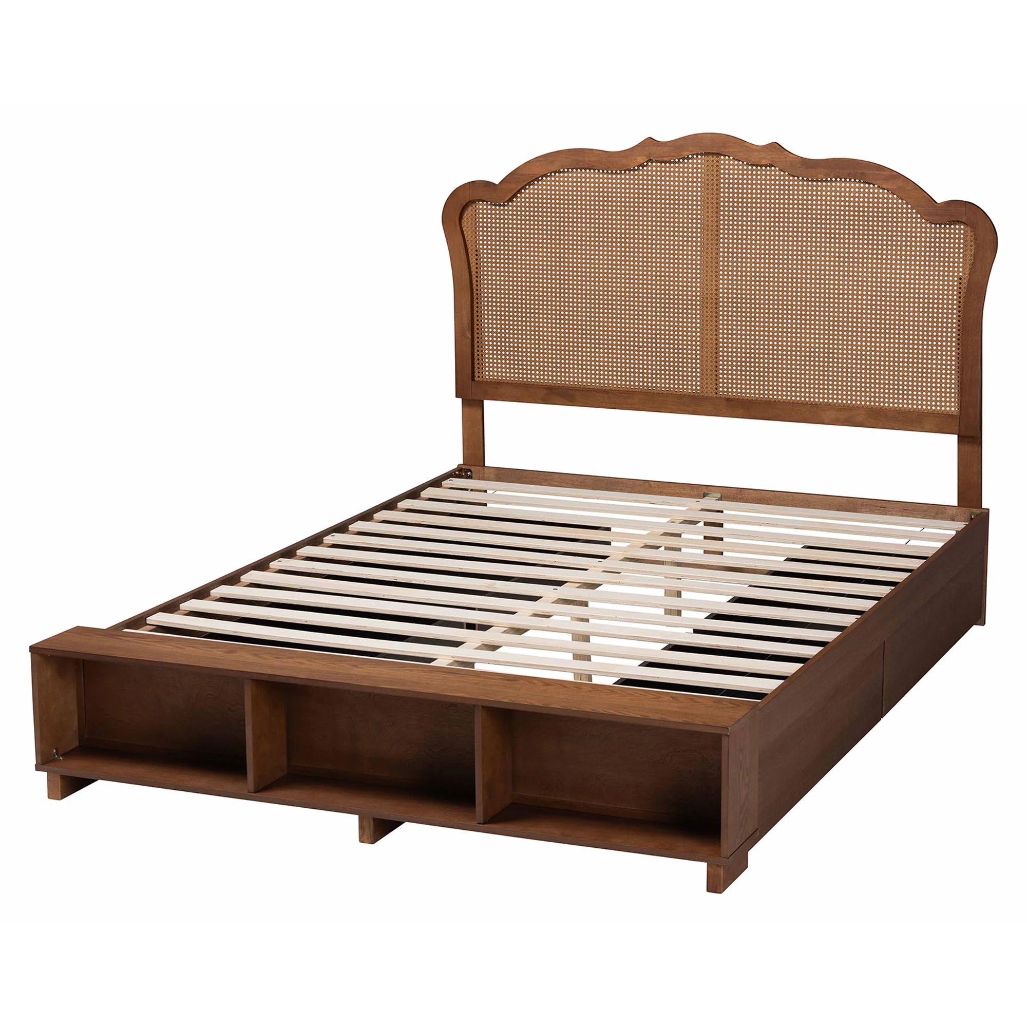Baxton Studio Latrell Mid-Century Walnut Brown Wood and Rattan King Size Storage Bed - Image 8